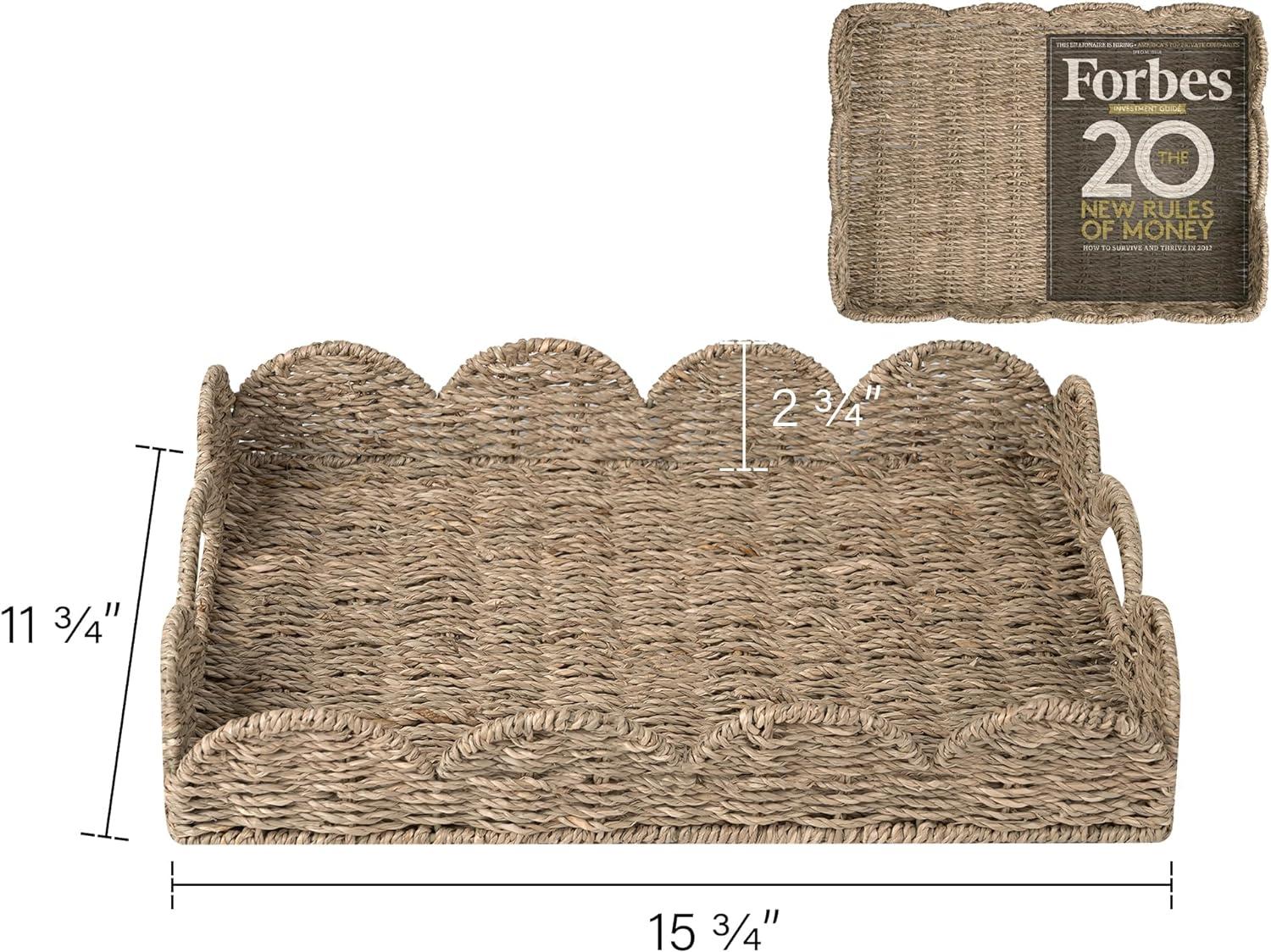 Scalloped Tray, Wicker Rattan Serving Tray with Handles, Woven Rectangle Seagrass Tray, Scalloped Basket Table Décor Trays, Ottoman Decorative and Organizer Trays，15.8" x 11.5" x 2.8"