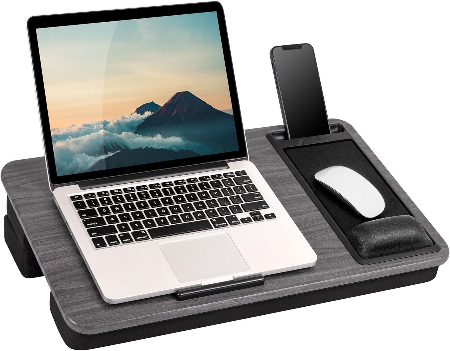 Gray Woodgrain Adjustable Lap Desk with Foam Cushion and Phone Holder