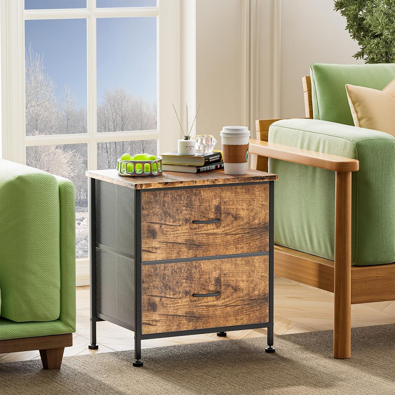 Nightstand with 2 Drawers, Night Stand Dresser for Bedroom, Small Dresser with Fabric Bins, Leather Finish, Modern Bedside Table End Side Table for Living Room, Dorm, Closet, Nursery, Brown