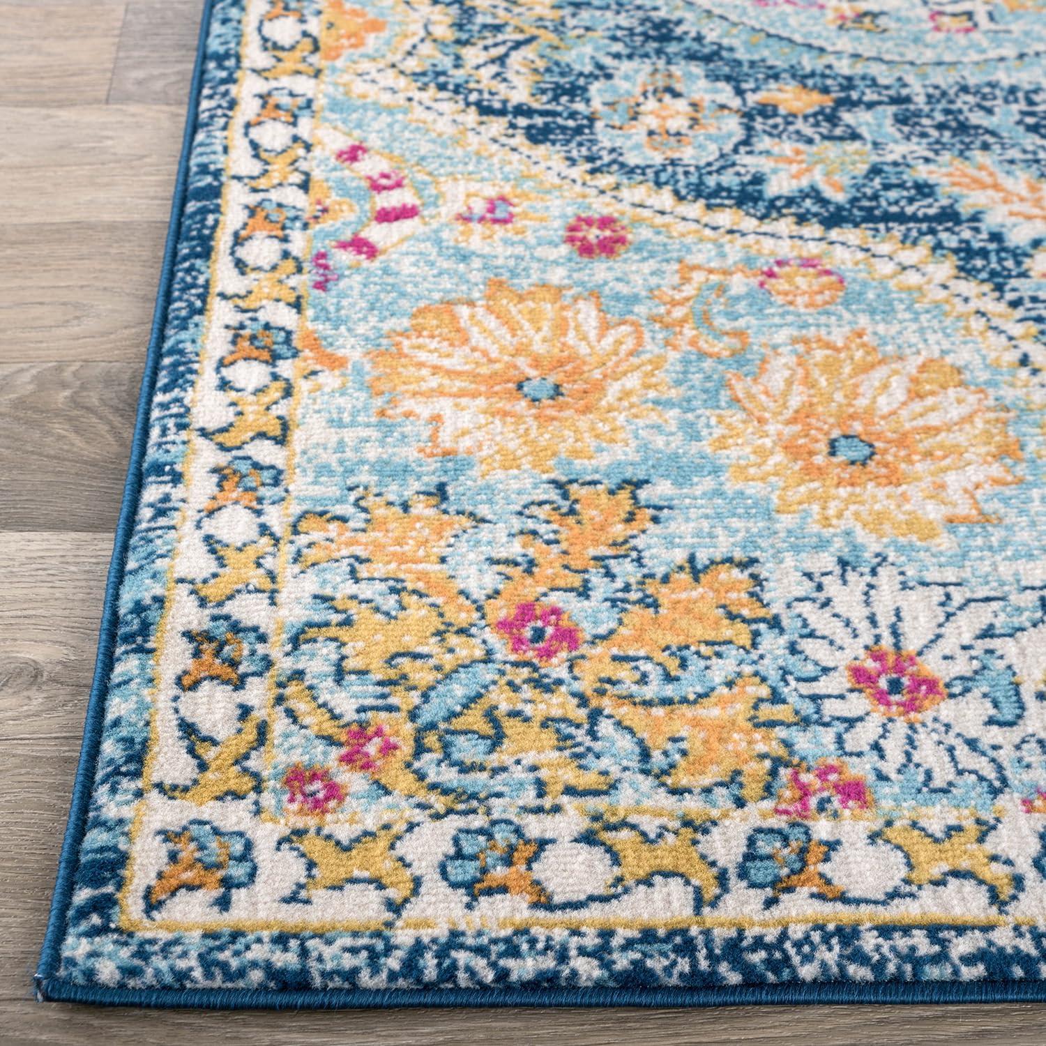 World Rug Gallery Distressed Vintage Bohemian Navy 5' x 7' Area Rug:  Medallion Pattern,  Pet Friendly,  Stain-Resistant,  Low Pile