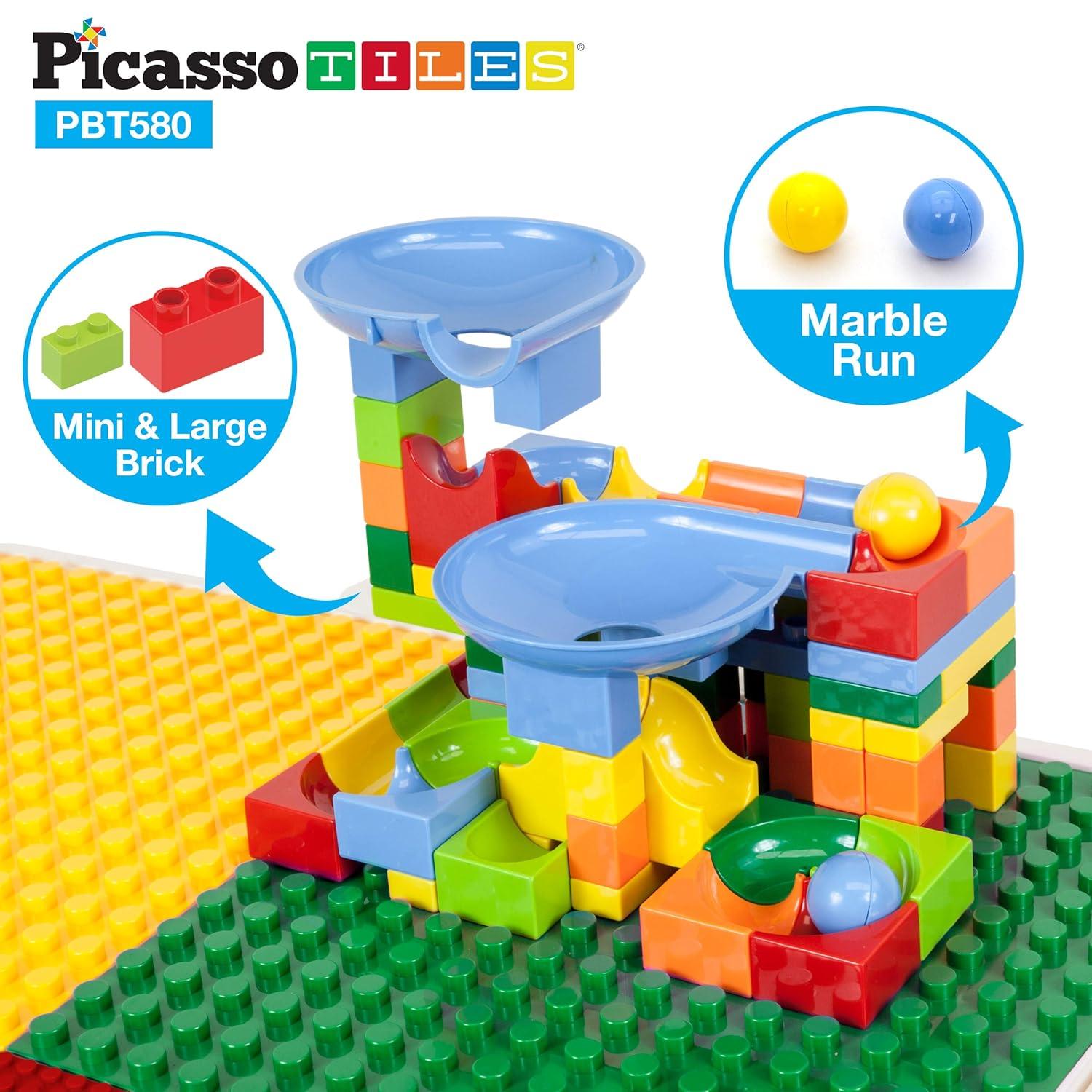 PICASSO-TILES Bricks Building Blocks with Marble Run 581PCS, Activity Table and Chair for Kids, Construction STEM Educational Toy