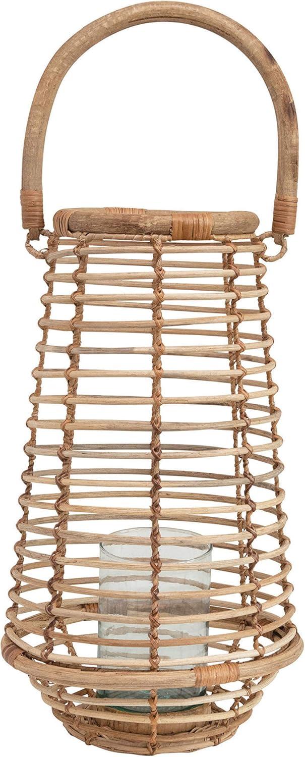 Bloomingville Handmade Rattan Tapered Lantern with Handle & Glass Insert, Natural (Holds 3" Pillar)