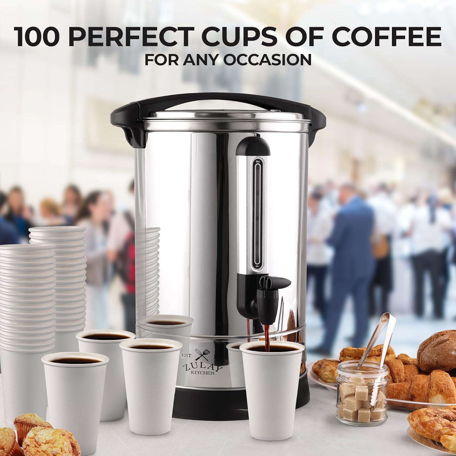 Zulay Kitchen Coffee Urn Stainless Steel 100 Cup Commercial Coffee Dispenser for Coffee and Tea (Silver)