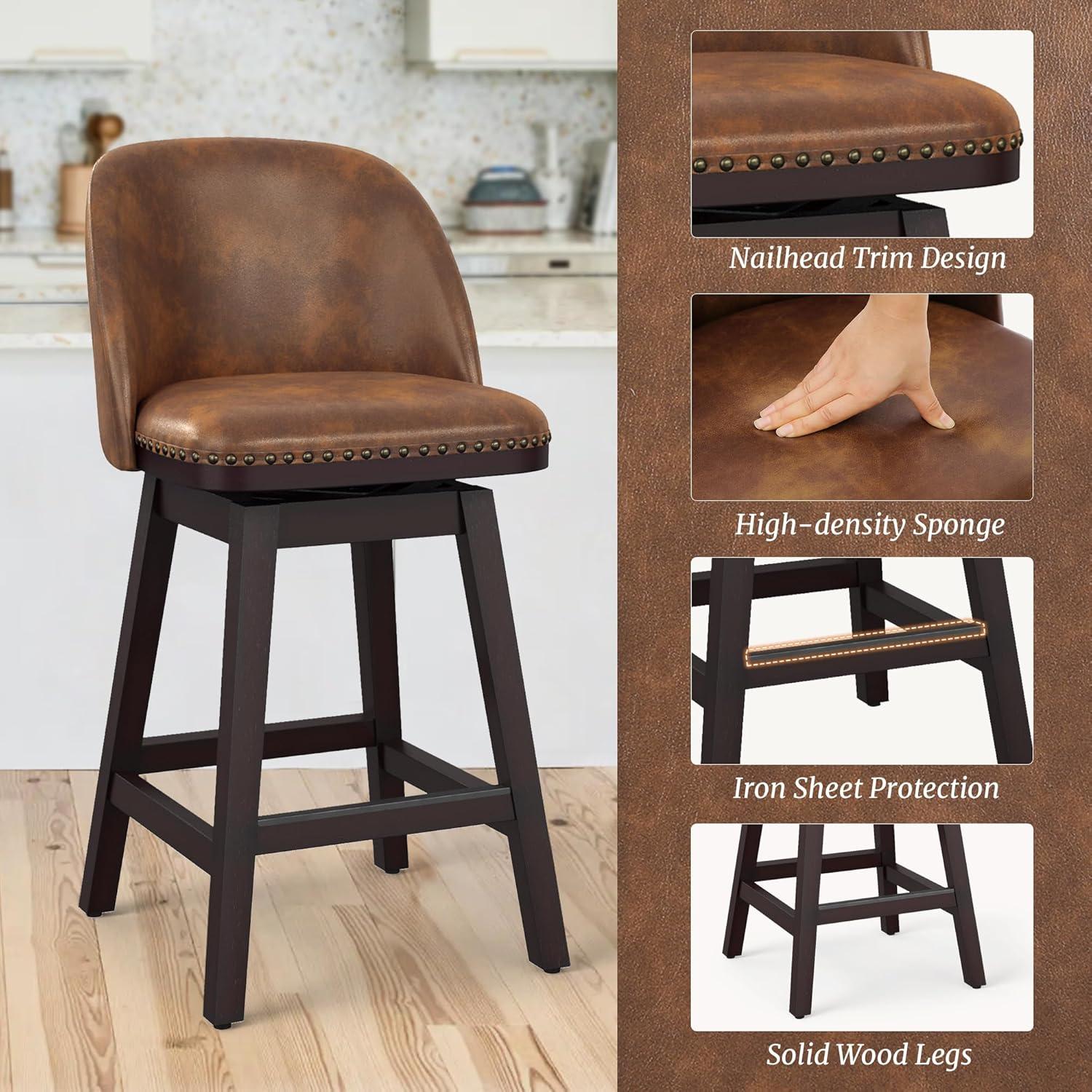 Dycanpo 26'' Swivel Bar Stools, Counter Height Bar Stools with Back & footrest for Kitchen, Brown