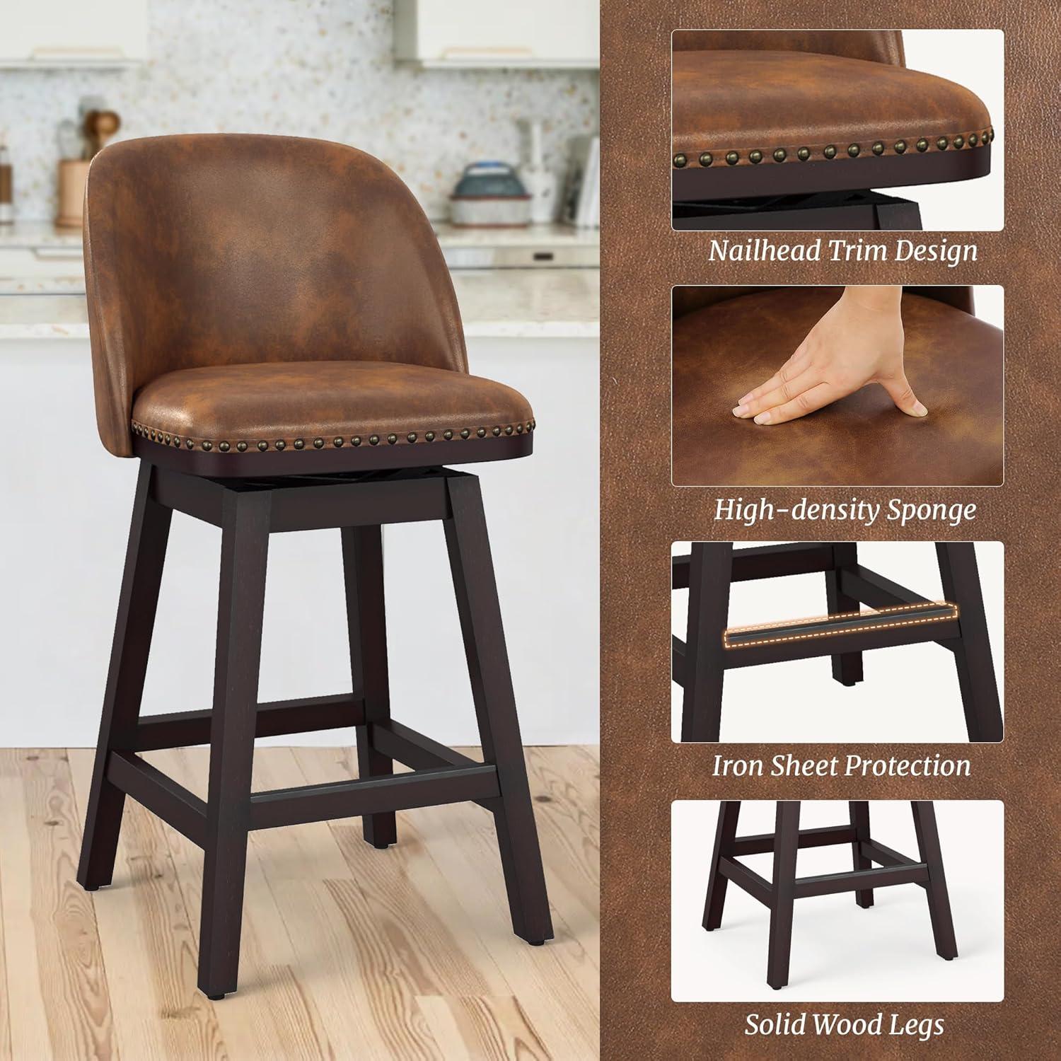 LUE BONA 26'' Swivel Bar Stools Set of 2, Counter Stools with Back & Footrest for Kitchen,Brown