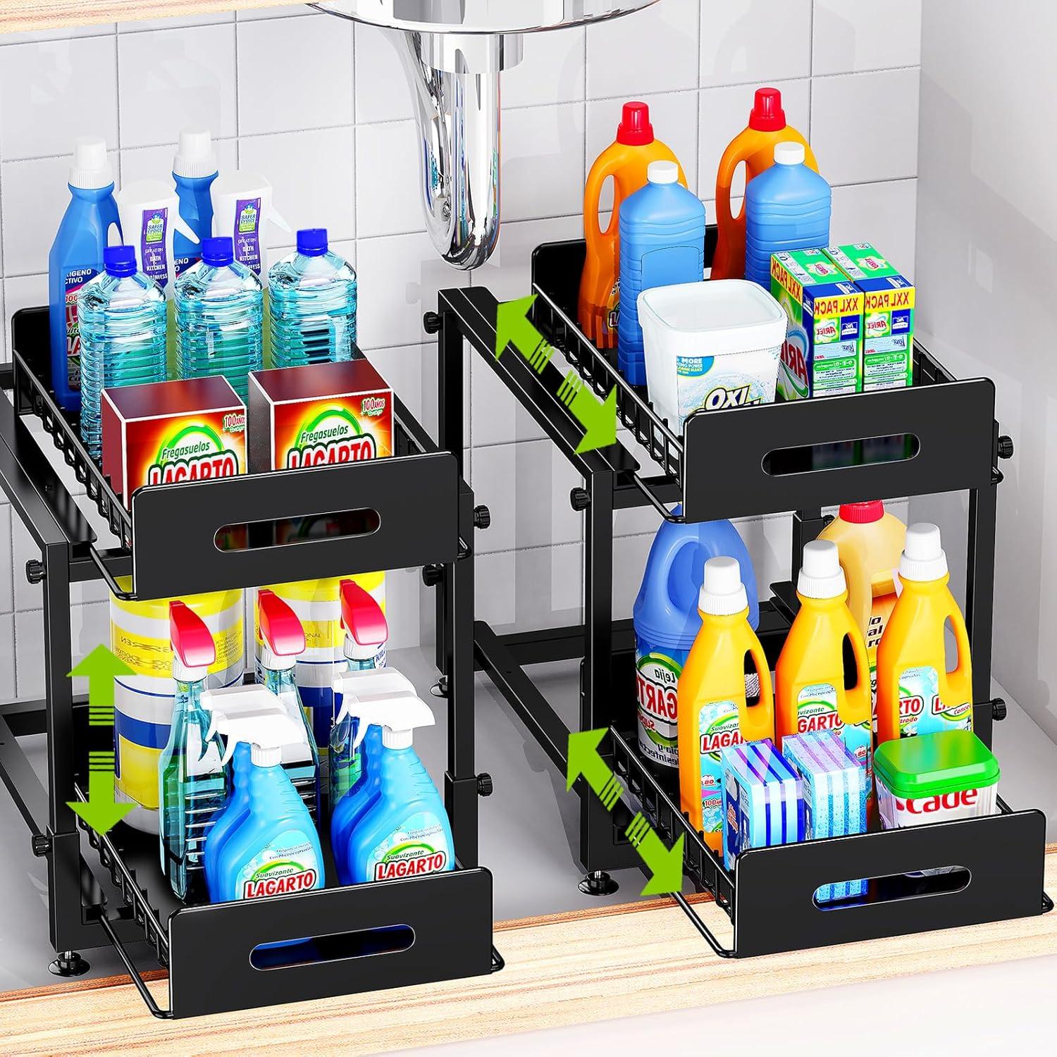2 Pack Under Sink Organizer,Kitchen Organizers and Storage with sliding,2 Tier Pull Out Cabinet Organizer,Adjustable height Metal Rack for Kitchen Bathroom Storage Counter Organization