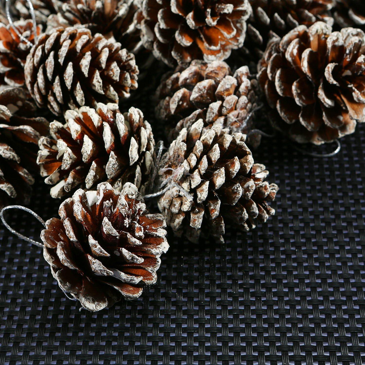 Natural Pinecones with White Tips and Silver String, 24 Pieces