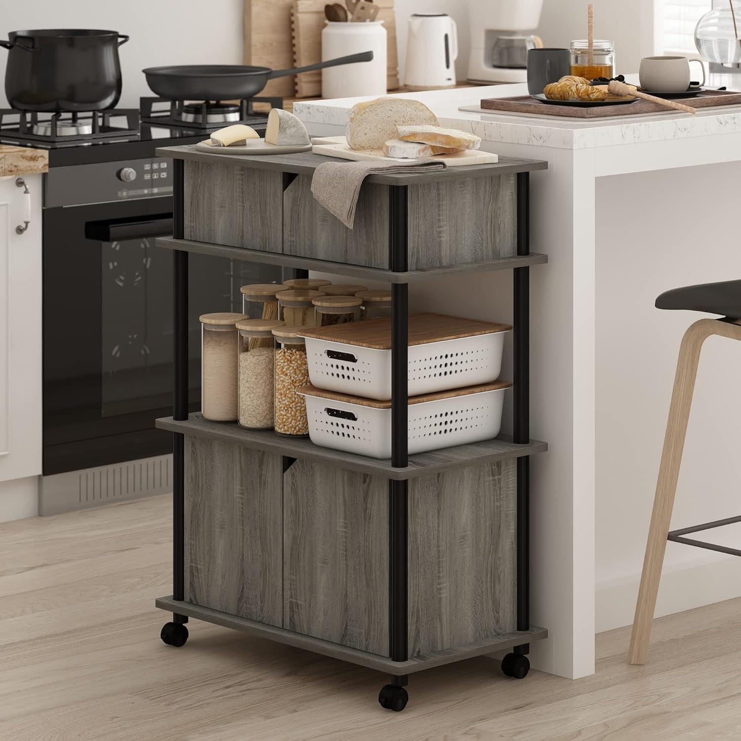 Furinno Turn-N-Tube Toolless Storage Cart with Cabinet, French Oak Grey/Black