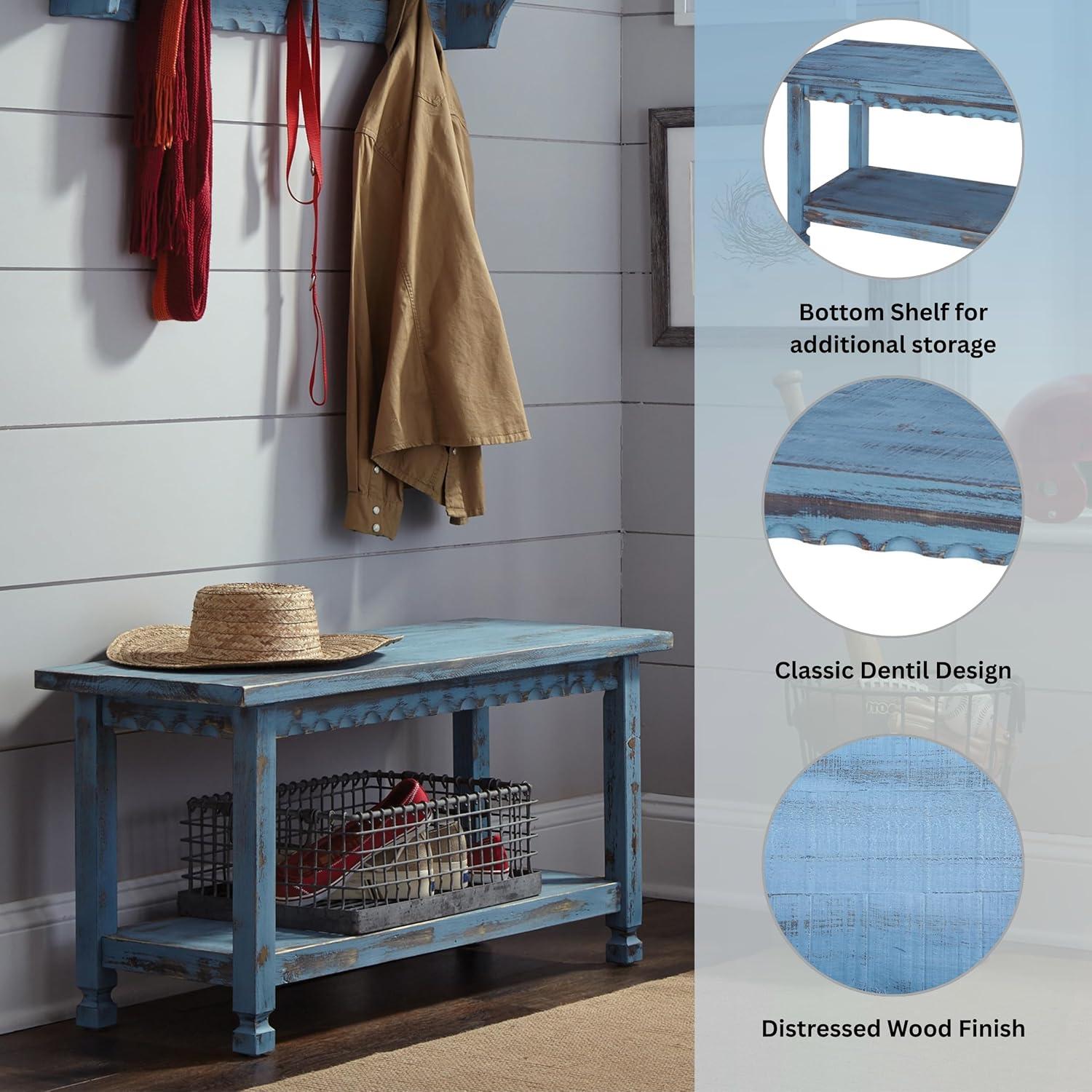 36" Bench Hardwood Blue - Alaterre Furniture: Cottage Style, Square Legs, No Back
