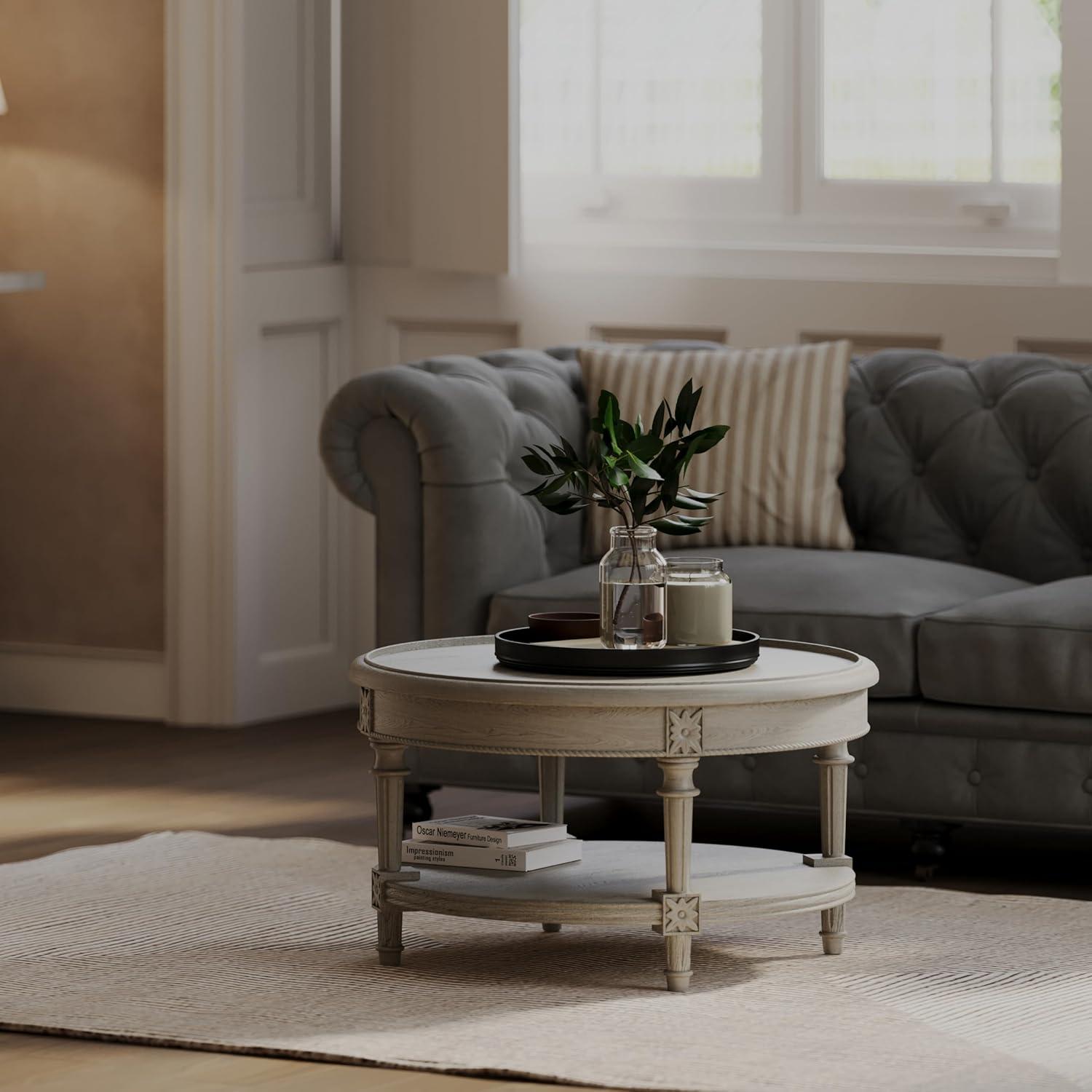 Maven Lane Maven Lane Pullman Traditional Round Wooden Coffee Table In Antiqued White Finish