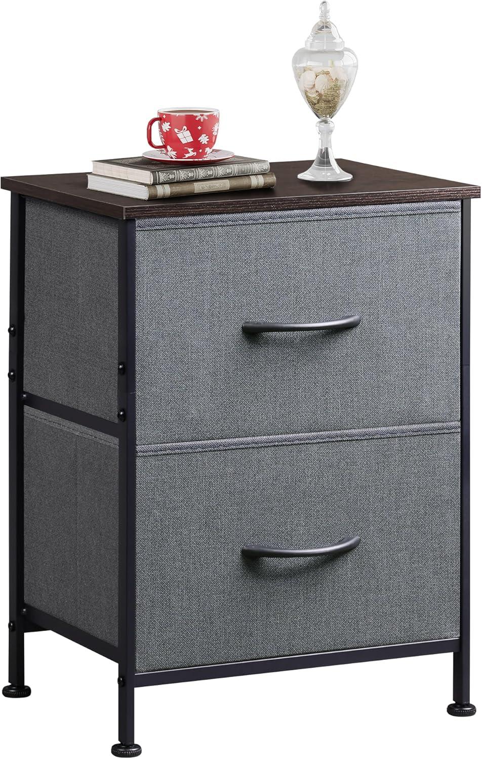 Dark Grey Fabric and Steel 2-Drawer Nightstand