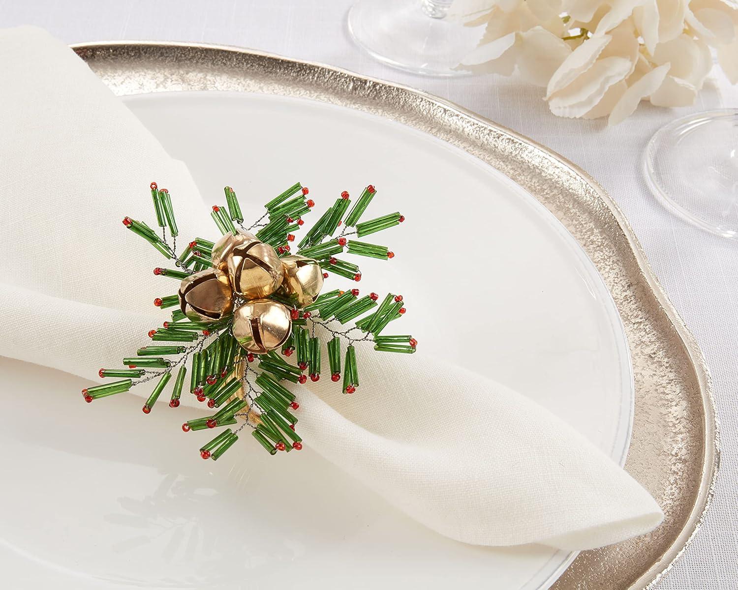 Saro Lifestyle Holiday Napkin Rings With Beaded Snowflake and Bells Design (Set of 4), Green, 4"