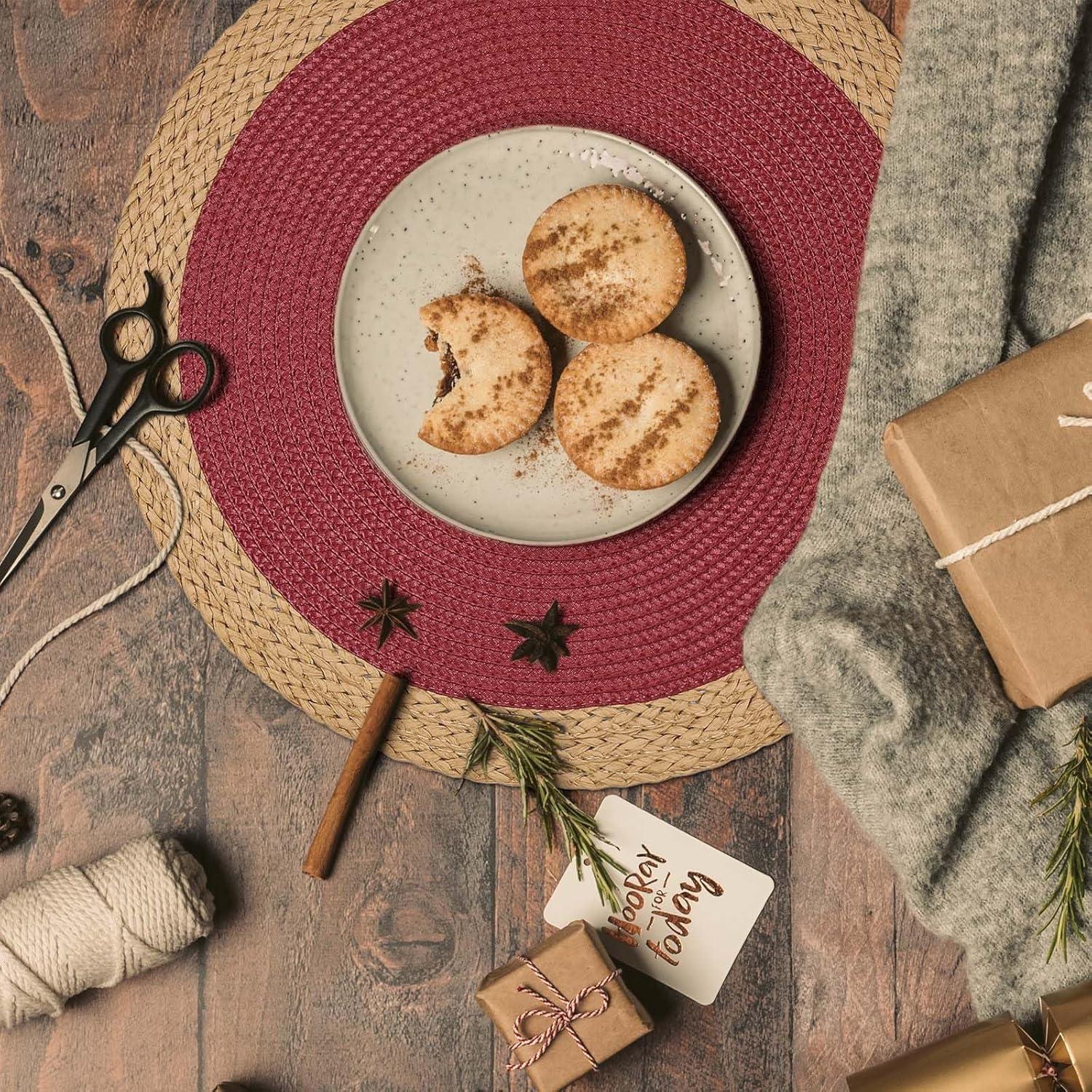 Noctiflorous 15 Inch Round Braided Placemats Set of 4 Washable Wipeable Easy Clean Heat Resistant Woven Dining Table Mats Decor for Holiday Parties Indoor Outdoor Daily Use(Red Thin Edge, 4)