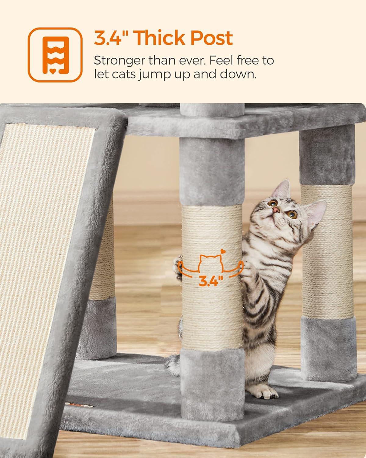 FEANDREA 67-Inch Multi-Level Cat Tree for Large Cats with Cozy Perches Stable Light Gray