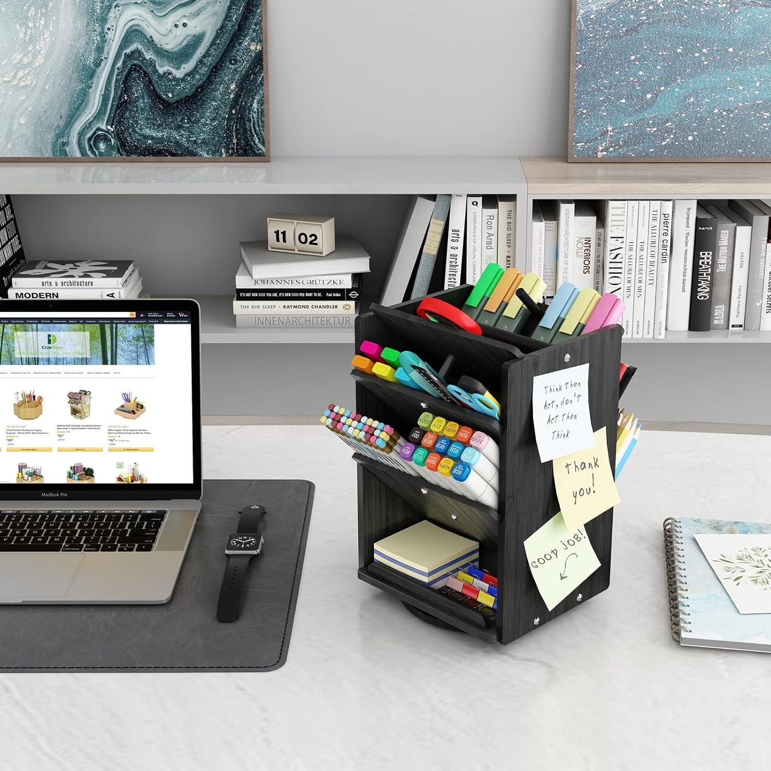 Bamboo Desk Organizer Storage Accessories - Ultra-large 13 compartments, 1000+ Pencil Holder Capacity, Easy DIY Assembly, Rotating Desktop Organizer, Cosmetics, and Office Supplies