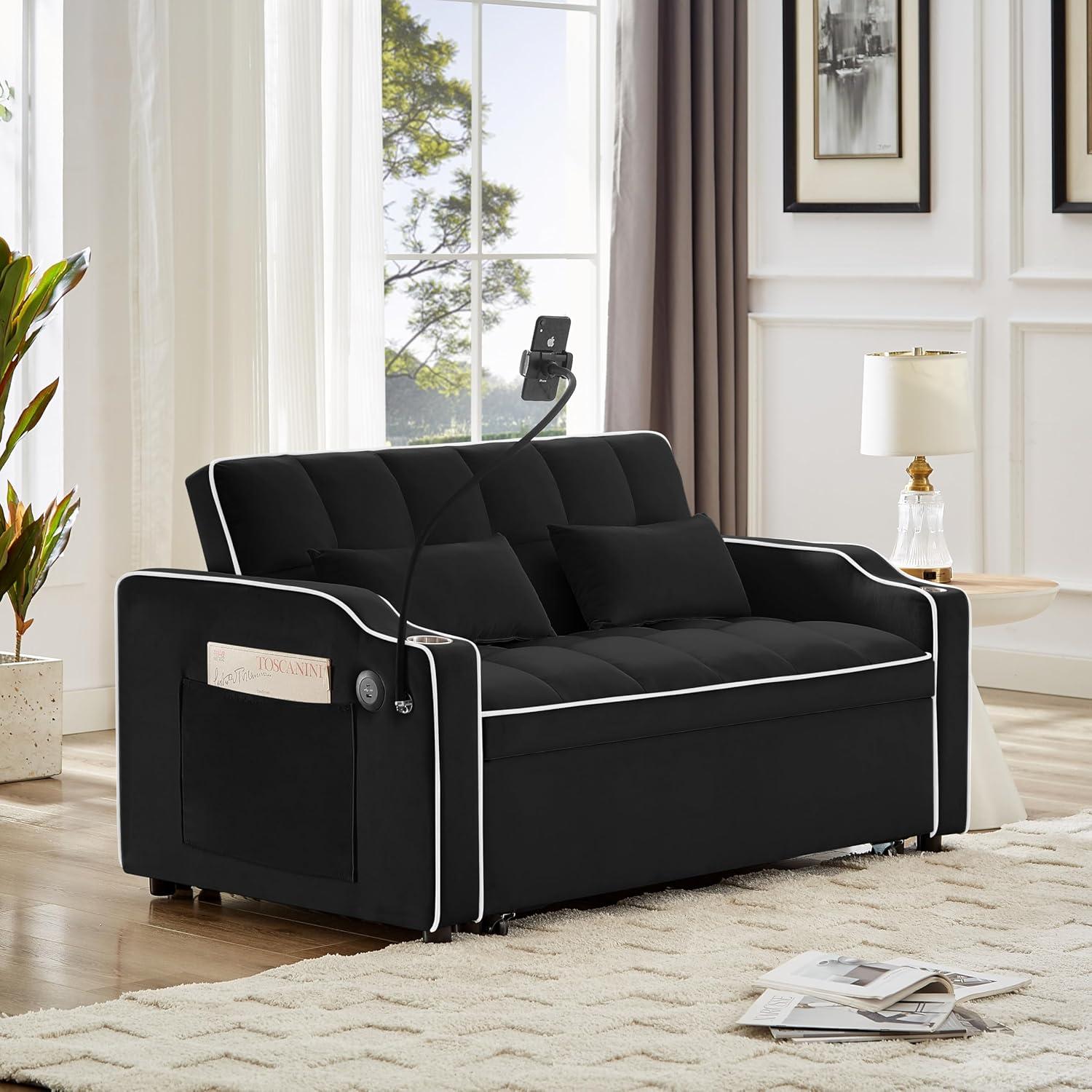 Black Velvet Convertible Sleeper Sofa with USB Ports