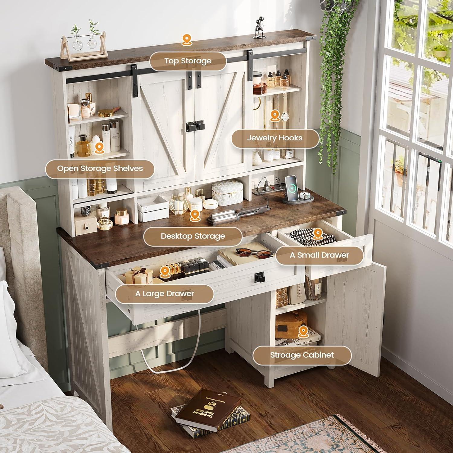 AOGLLATI Makeup Vanity with Lights & Barn Doors, Vanity Desk with Mirror and Lights & Charging Station, Farmhouse White Vanity Table with Jewelry Hooks and Open Storage Shelves