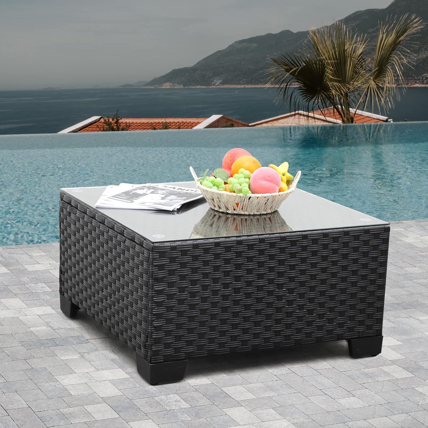 Patio Furniture Wicker Coffee Table Outdoor Garden Square Side Table with Tempered Glass Top Black