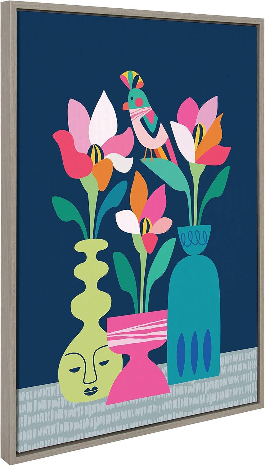 Kate and Laurel Sylvie Mid Century Modern Magnolias Framed Canvas by Rachel Lee of My Dream Wall, 23x33, Gray