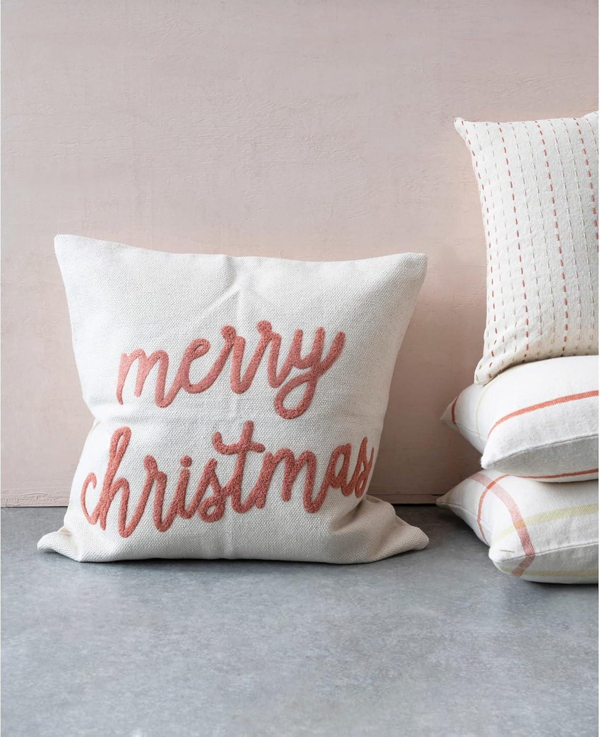 Cream and Sienna Embroidered Merry Christmas Square Cotton Pillow