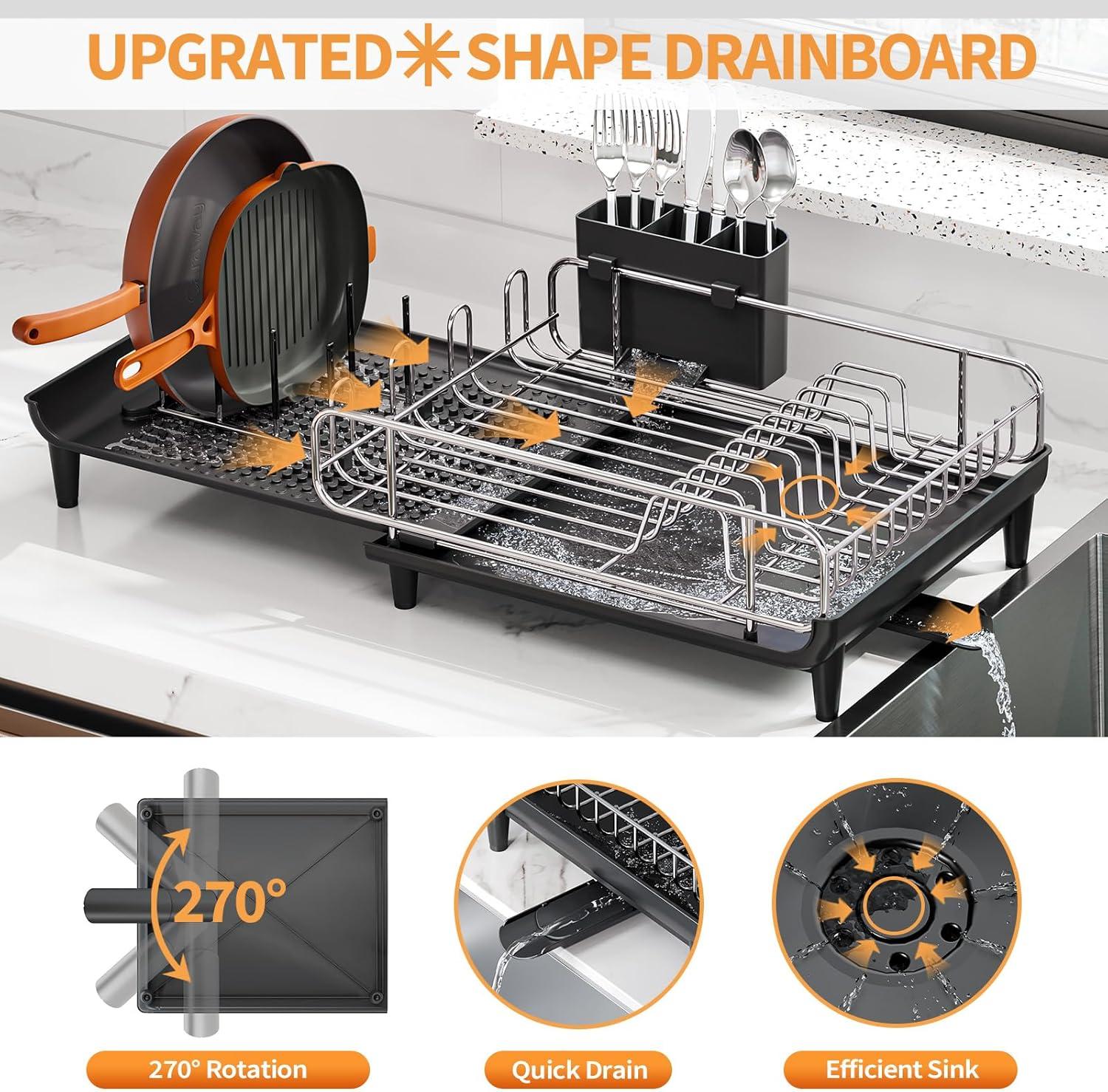 Expandable Dish Drying Rack for Kitchen Counter, 304 Stainless Steel Dish Rack, Multi-Function Dish Drainer, Large Dish Strainer with Cup Holder, Cutlery Holder, Extendable Large Size