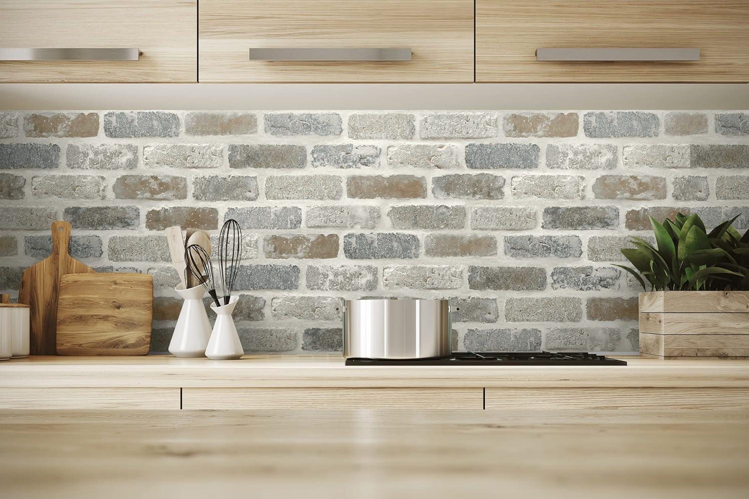 NextWall Faux Washed Brick Peel and Stick Wallpaper: Industrial Vinyl, Self-Adhesive, Repositionable, 30.75 Sq Ft Coverage