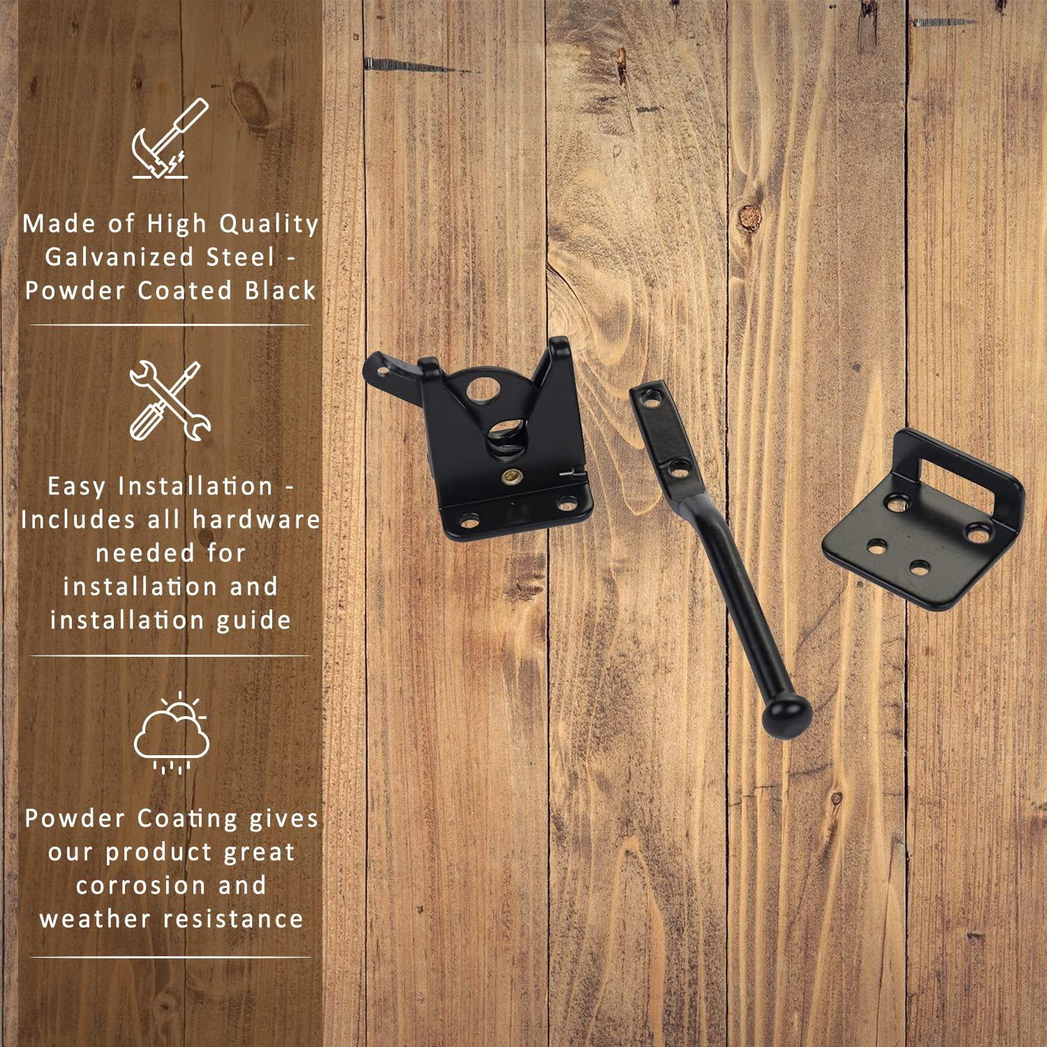 Spring Loaded Gate Latch with Cable and Ring - Powder Coated Black - Screws Included - DHSLGL