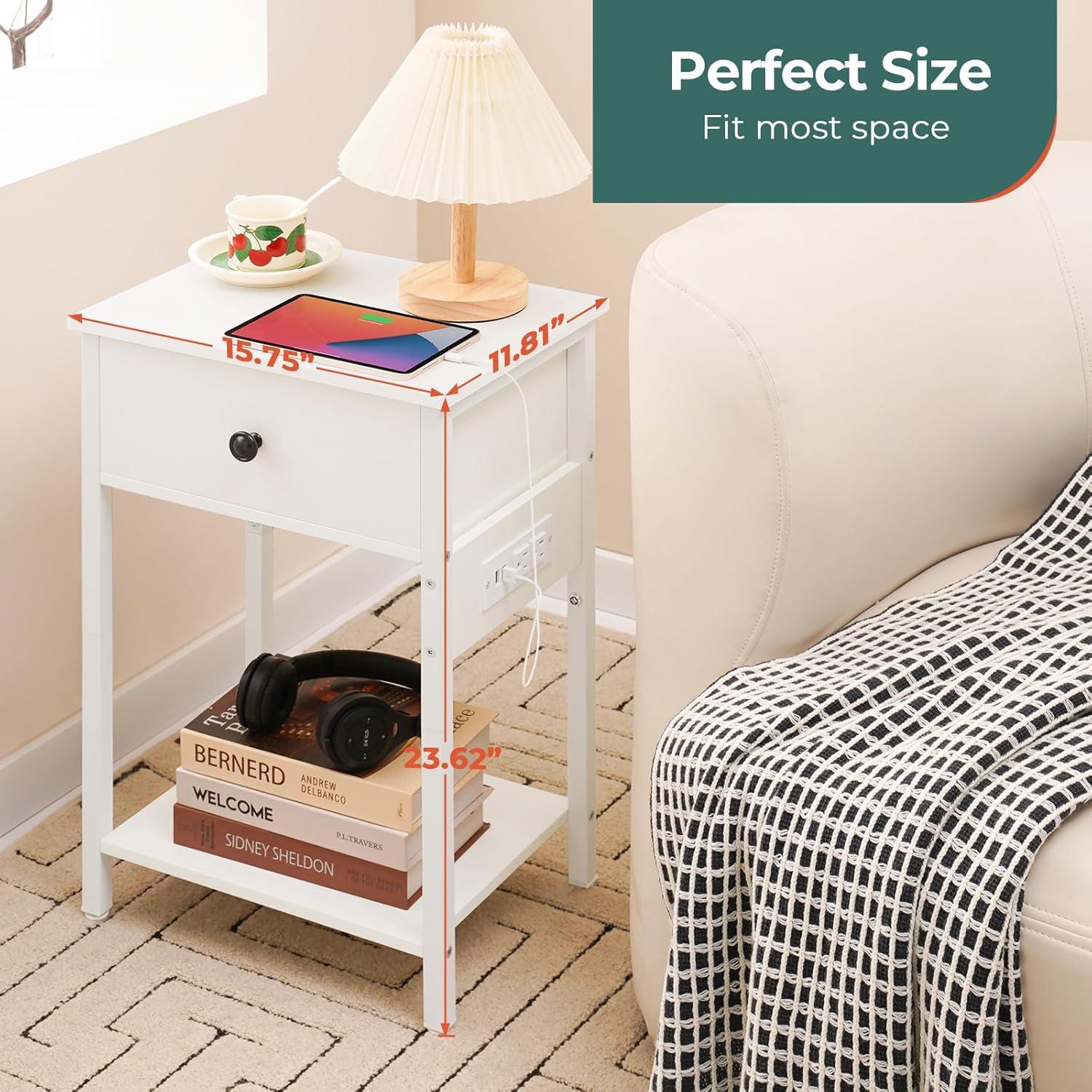 Yoobure Nightstand with Charging Station, Bedside Tables with Large Drawer and Storage Shelf, Bed Side Table/Night Stand with USB Ports & Outlets, Industrial Side Table End Table for Bedroom, White
