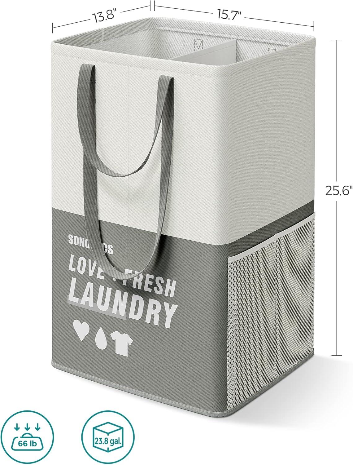 SONGMICS Laundry Baskets, Laundry Hamper with 2 Compartments, 23.8 Gallon (90L) Set of 2 Collapsible Water-Repellent Clothes Hampers, Tall Laundry Bag for Bedroom Bathroom, Light Gray ULCB209G12