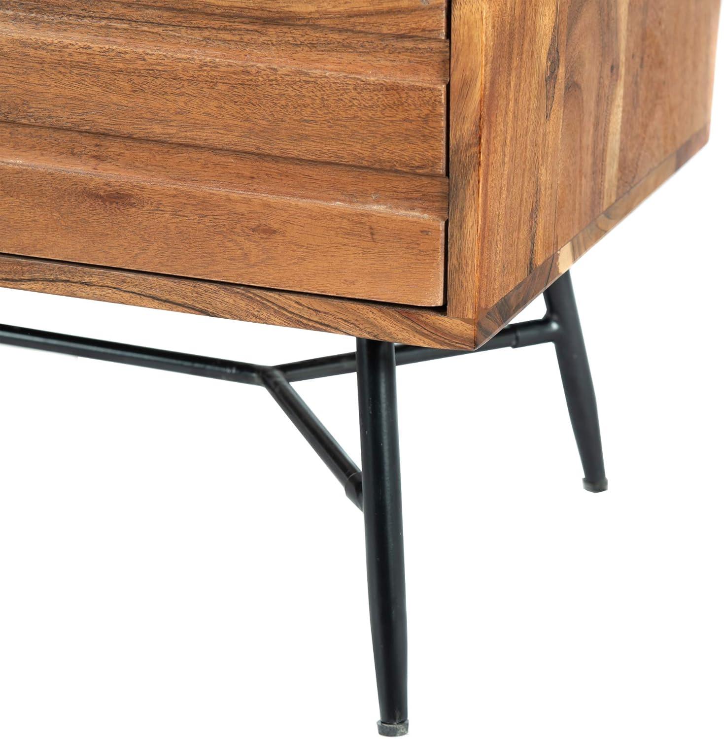 Luxury Acacia Wood 2-Drawer Nightstand with Metal Legs, Black and Brown