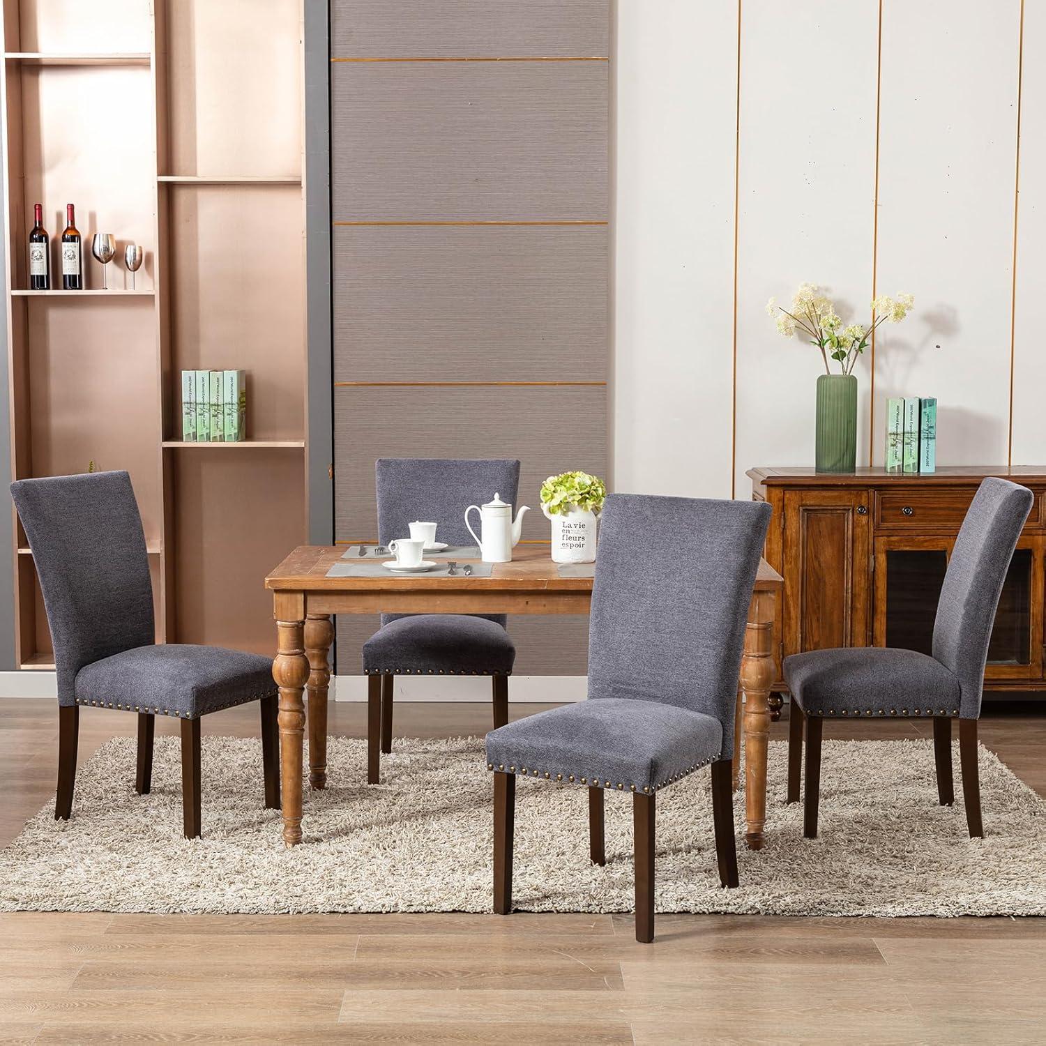 COLAMY Upholstered Parsons Dining Chairs Set of 4, Fabric Dining Room Kitchen Side Chair with Nailhead Trim and Wood Legs - Dark Grey