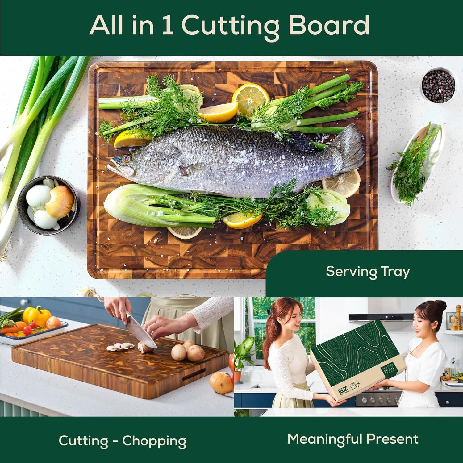 20" x 15" x 1.5" Inch Acacia Wood Cutting Board, End Grain with Juice Groove and Handles, Knife Friendly, Suitable for Chopping, Aesthetics for The Kitchen
