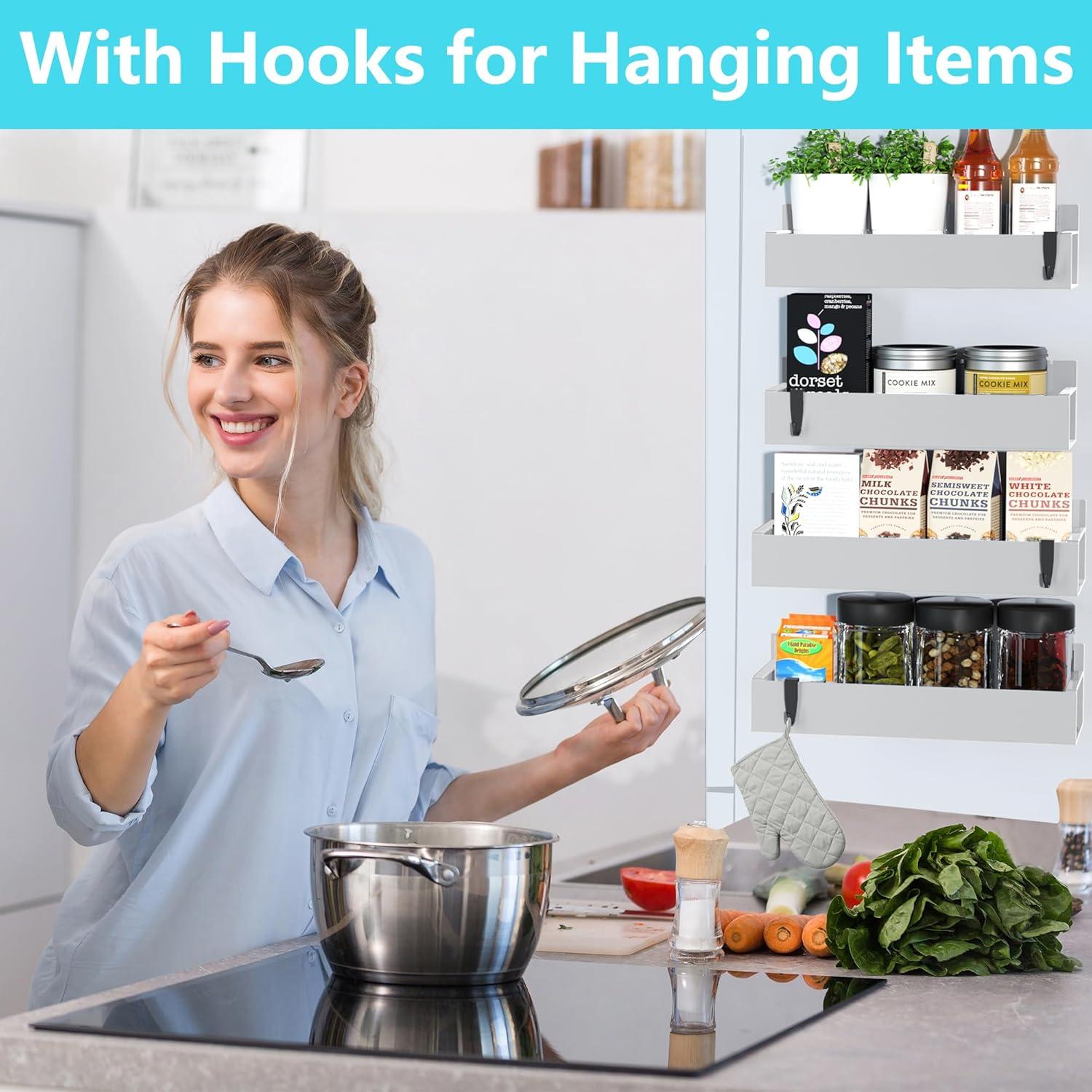 4 Pack Magnetic Spice Rack Organizer for Refrigerator and Oven, Gray Metal Strong Magnetic Shelf for Fridge Organizers and Storage, YSWJ-107