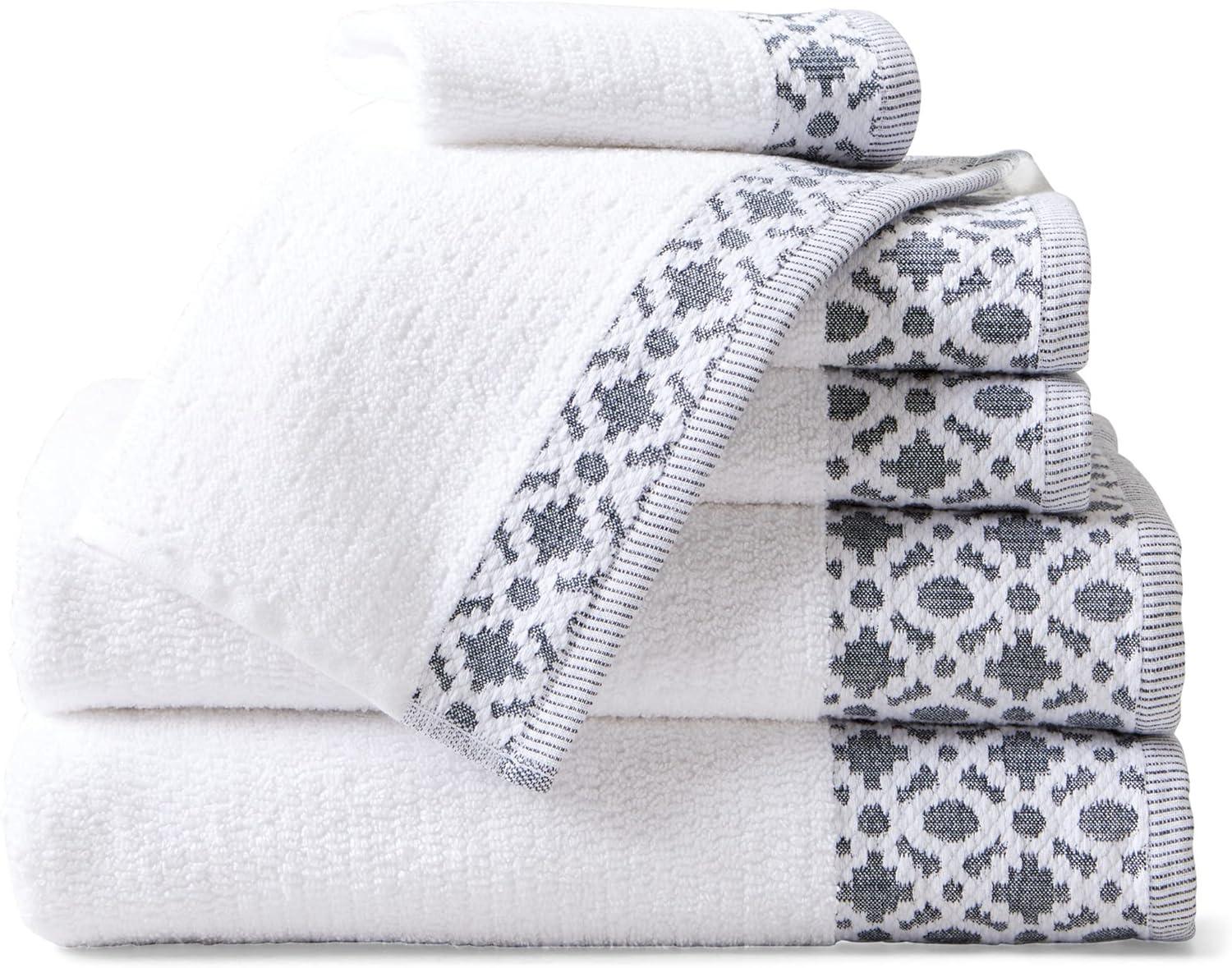 Market & Place 100% Cotton Luxury Towel Set | Super Soft and Highly Absorbent | Textured Decorative Border | 2 Bath Towels, 2 Hand Towels, & 2 Washcloths | Nitra Collection (White/Navy)