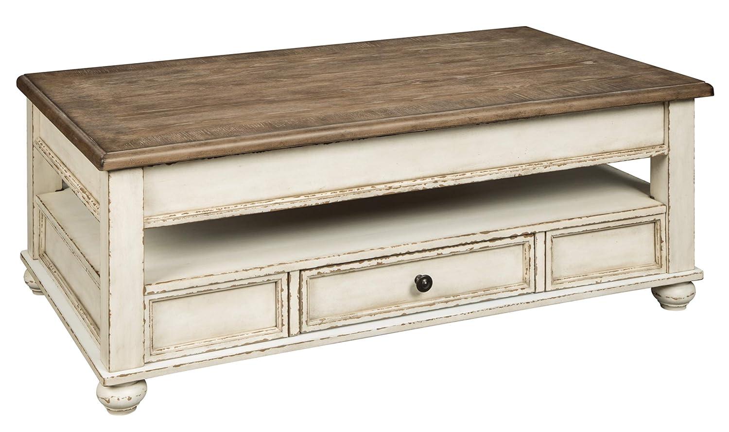 Realyn Coffee Table with Lift Top White/Brown - Signature Design by Ashley: Mid-Century Style, Storage, Wood Legs