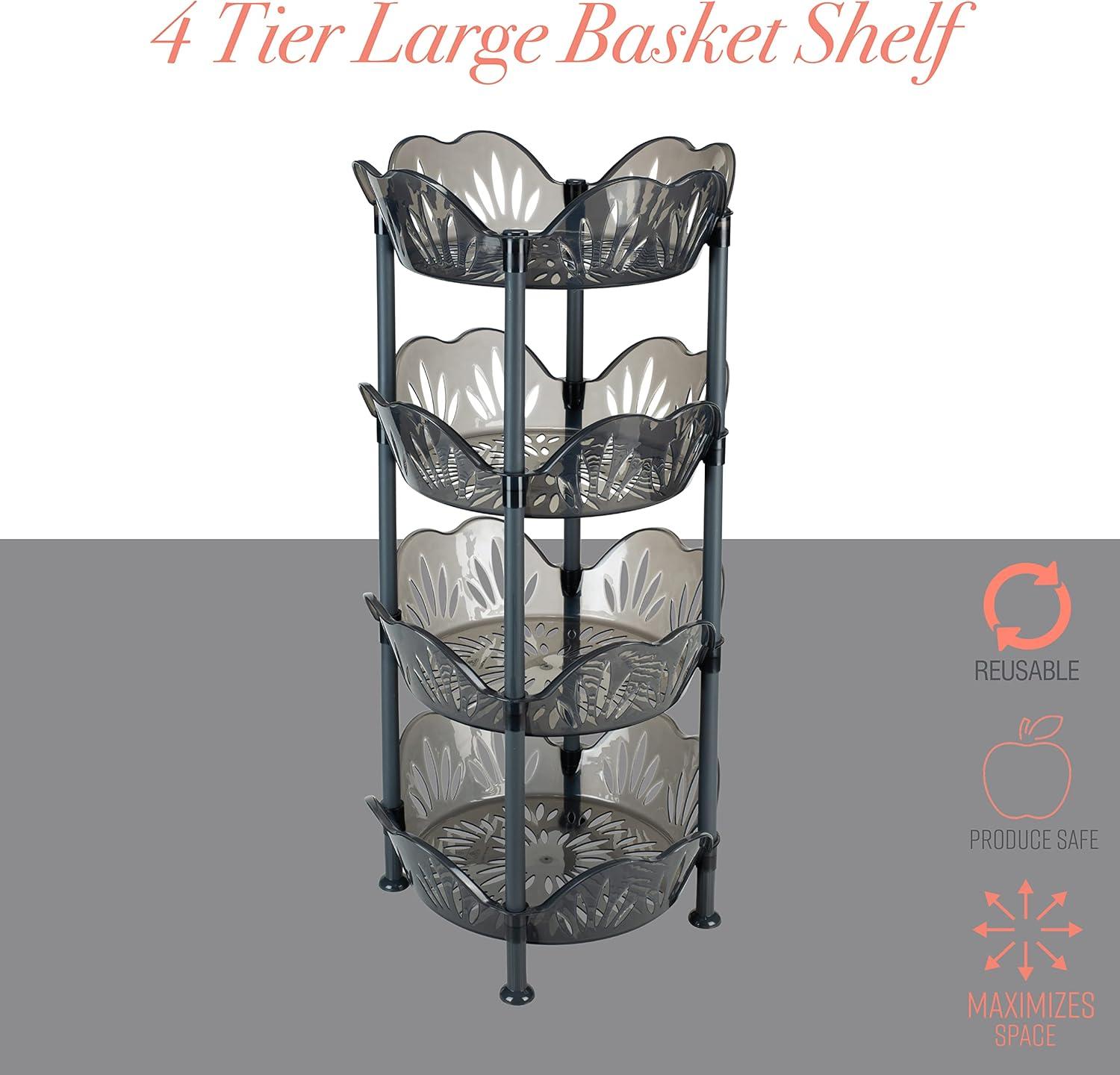 Kitchen Details 4 Tier Large Plastic Basket Free Standing Shelf, Smoke Grey