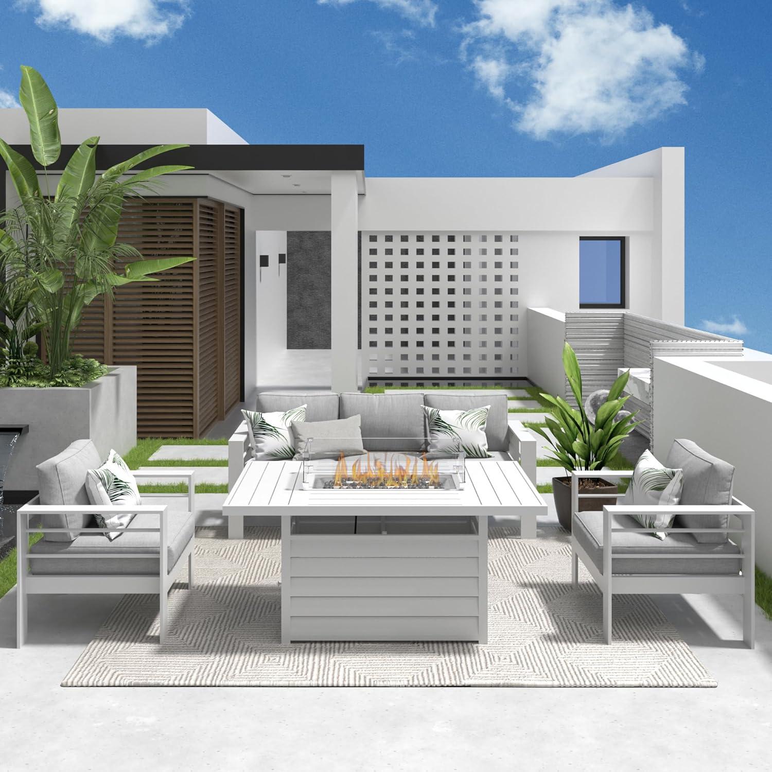 Heynemo Aluminum Patio Furniture Set with Fire Pit Table, 4 Piece Outdoor Furniture with Cushions for Balcony Backyard, White (Ship in 4 Boxes) Set of