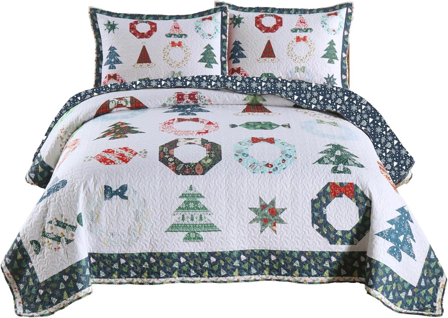 Blue Reversible Queen Christmas Quilt Bedspread Set