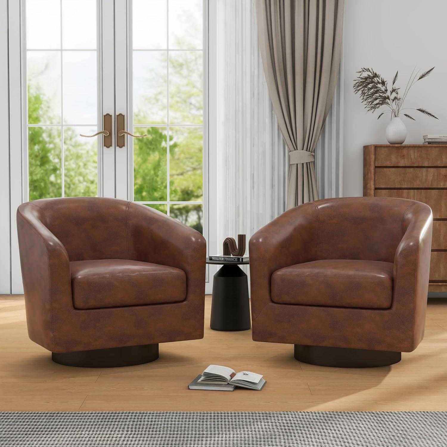 Brown Faux Leather Swivel Barrel Accent Chairs Set of 2