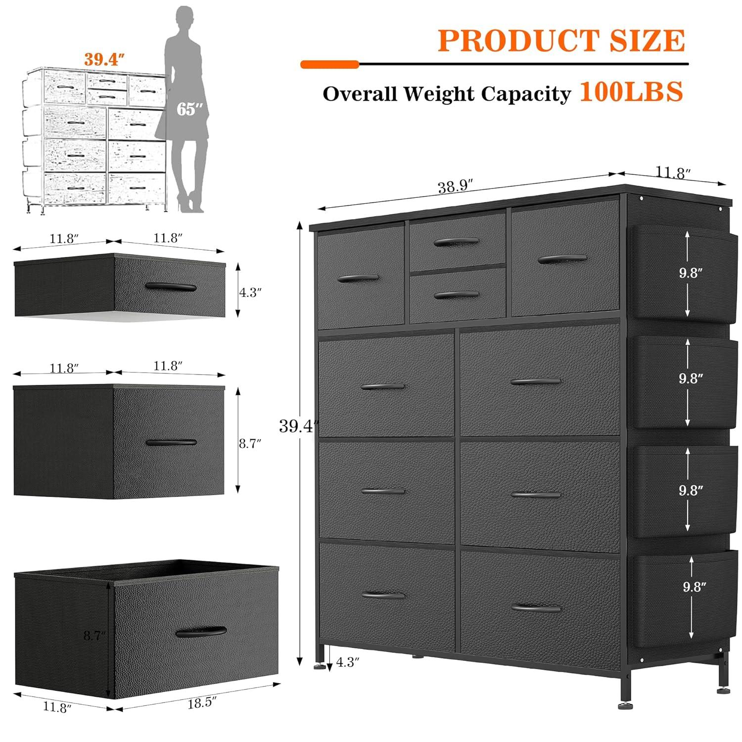 Modern 10-Drawer Fabric Storage Dresser - Tall Chest of Drawers with Steel Frame, Wooden Top, for Bedroom, Closet, Entryway, Black