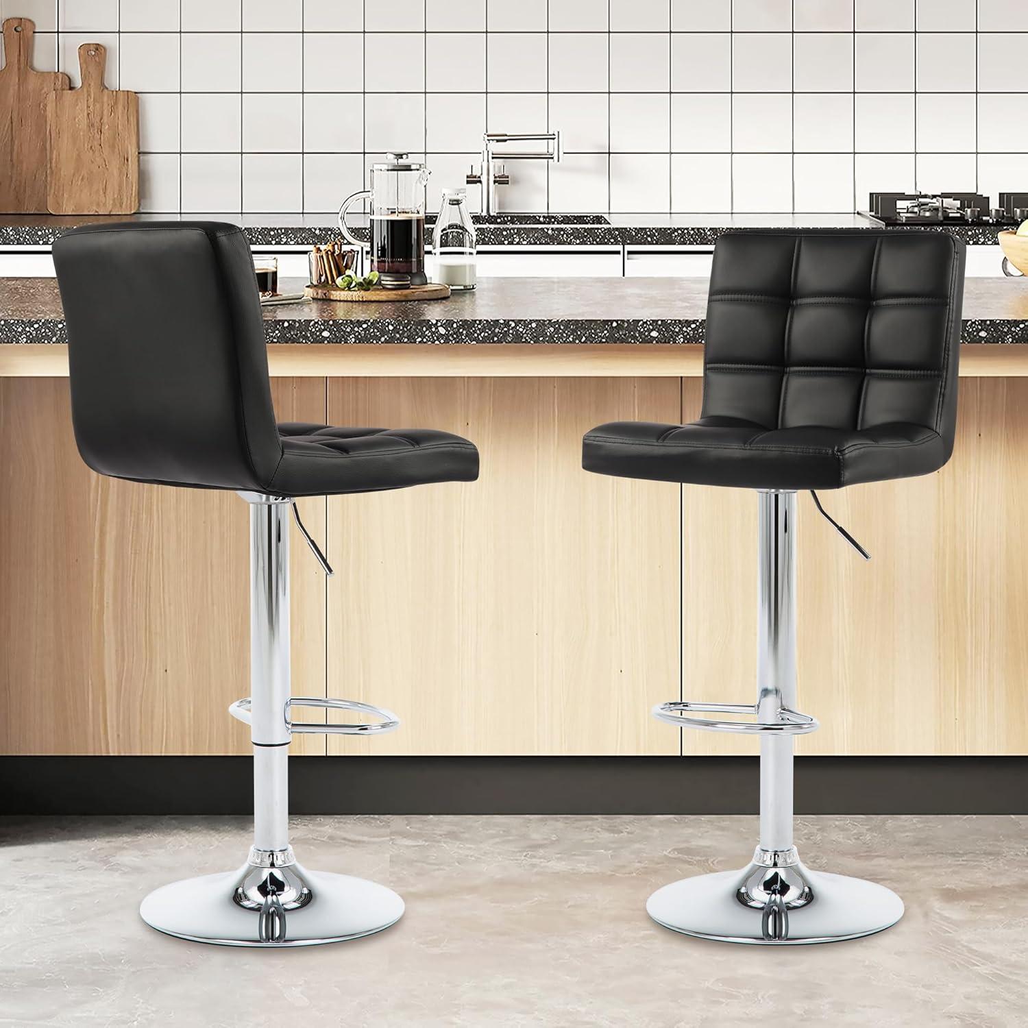 Barstools Set of 2 Counter Height Bar Stools Height Adjustable Back PU Leather Swivel Stools Hydraulic Swivel Dining Chairs for Kitchen Bar Restaurant Living Room, Black