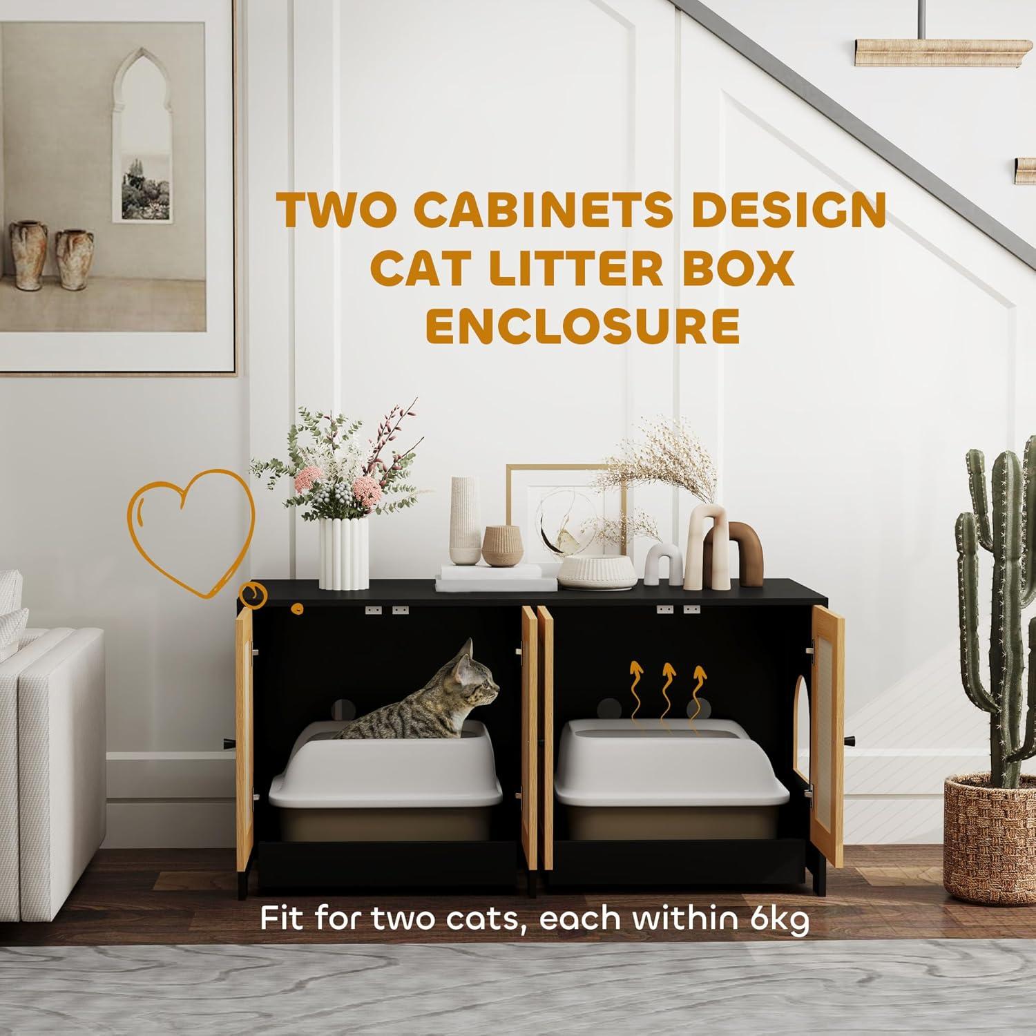 PawHut Cat Litter Box Enclosure, Hidden Litter Box Furniture for 2 Cats with 2 Cabinets, Scratching Mats & Trays, Black