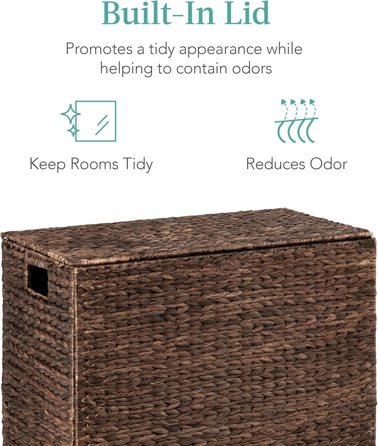 Best Choice Products Large Natural Water Hyacinth Double Laundry Hamper Basket w/ 2 Liner Bags, Handles - Espresso