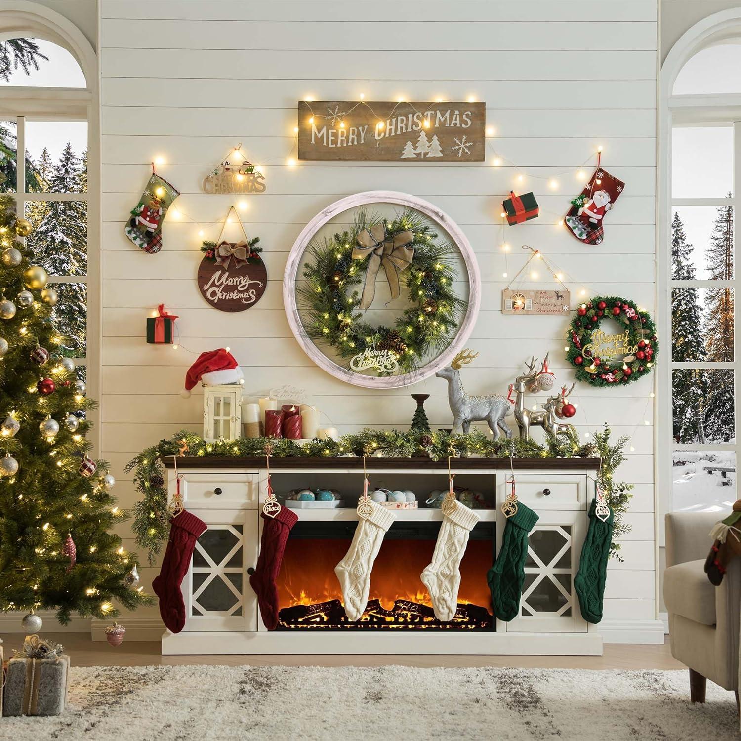 SinCiDo Farmhouse Fireplace TV Stand 75 Inch, Electric Fireplace TV Stand Up to 80 Inch TVs, Entertainment Center with Fireplace for Living Room