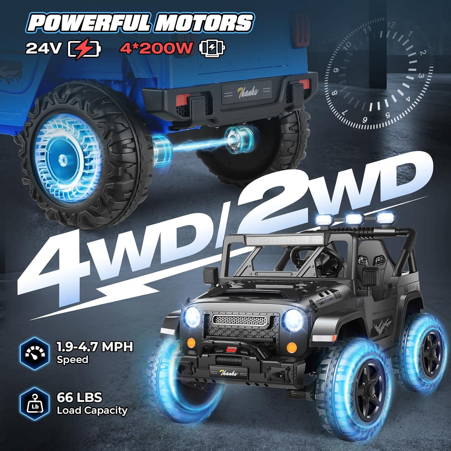 Ancheer 24V 4WD//2WD Ride On Jeep Truck,2 Seater Kids UTV With 4X200w Powerful Engine,Remote Control,Bluetooth,20 Wide Seat,Vehicles for Kids Toddlers