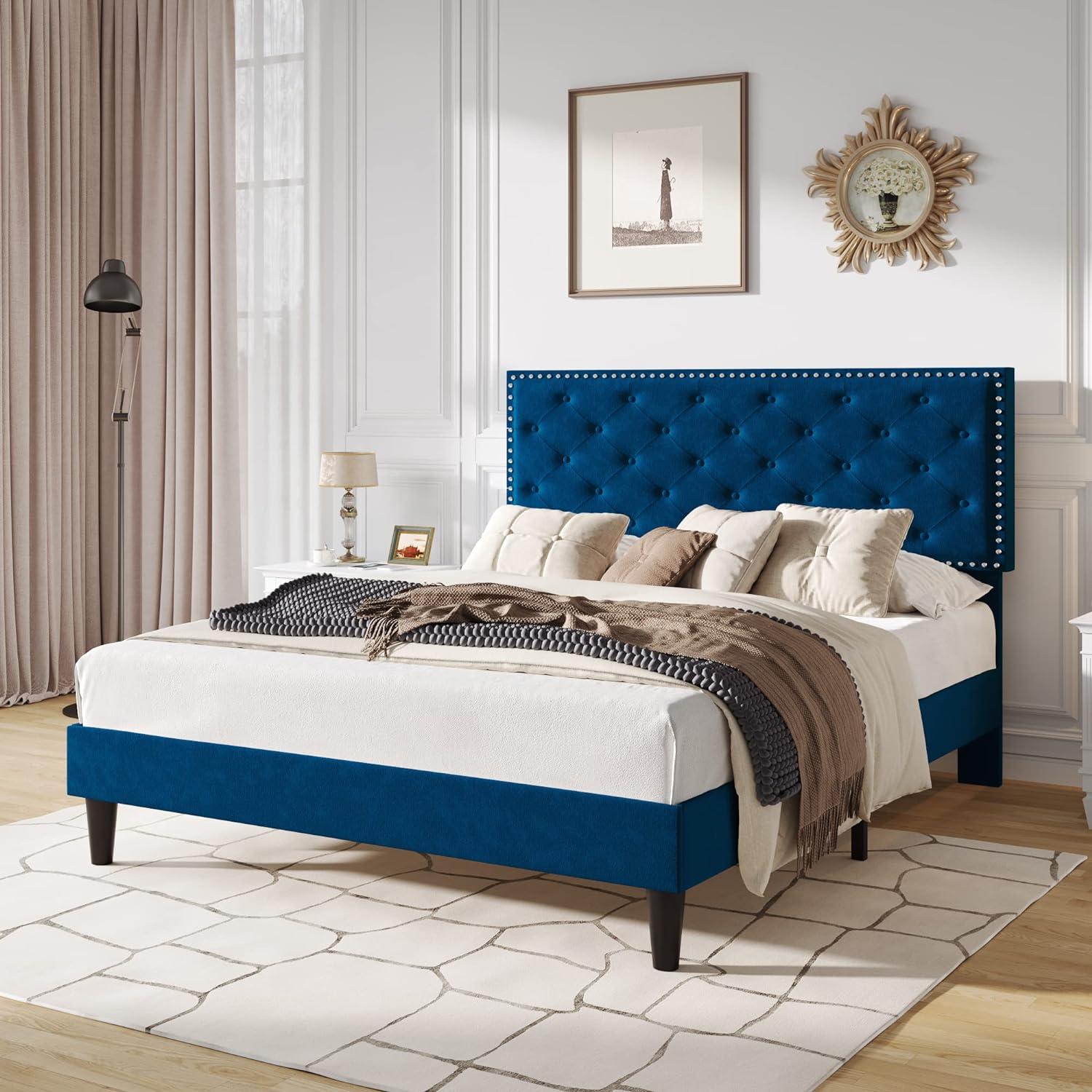 Full Size Blue Velvet Upholstered Bed Frame with Tufted Headboard