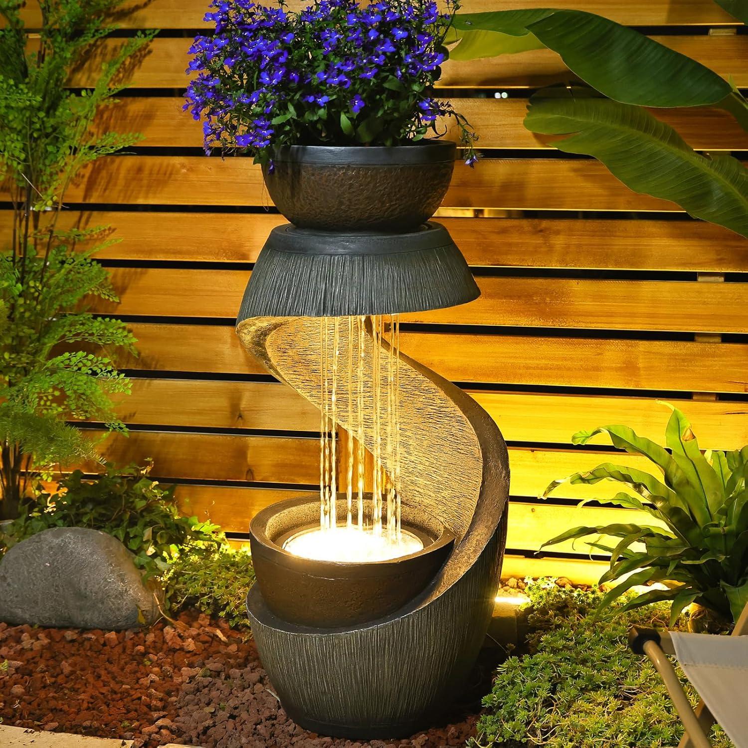 Outdoor Water Fountain Modern Curved Waterfall S-Shaped Freestanding Fountain with Bowl Planter for Patio Deck Garden Yard Home Decor