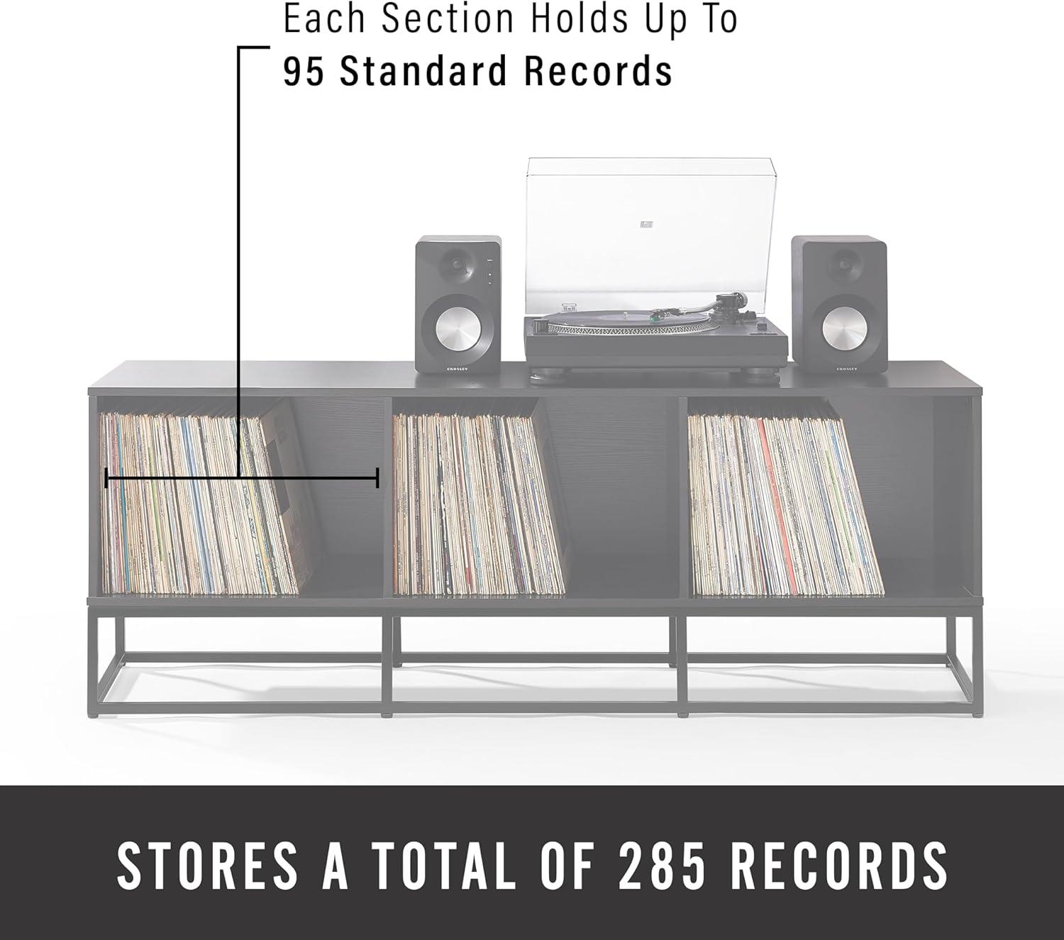 Crosley 60" Enzo Large Record Storage Media Console Black: Modern Industrial Style, Melamine Veneer, Steel Legs