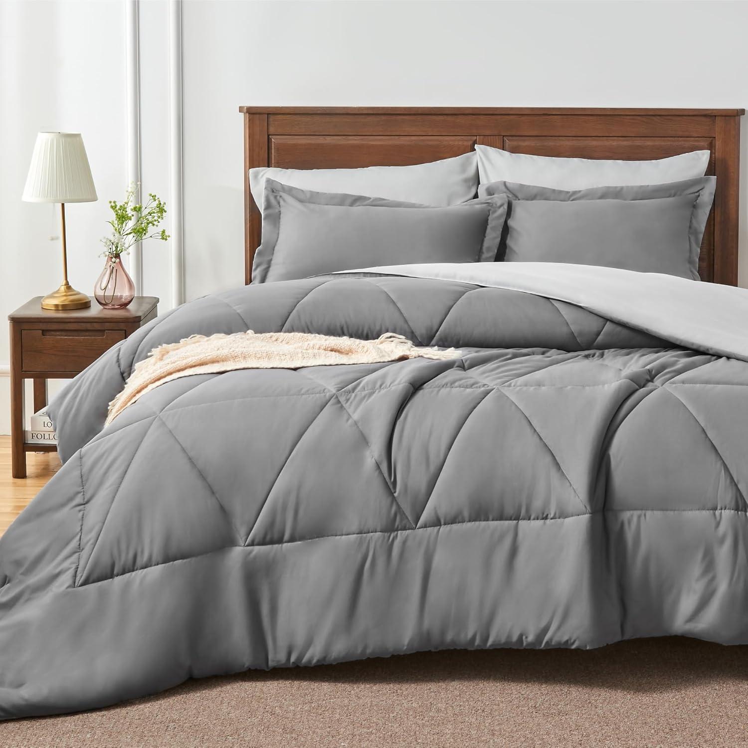 Queen Comforter Set - 7 Pieces Bed in a Bag Set Dark Grey, Bedding Sets Queen with All Season Quilted Comforter, Flat Sheet, Fitted Sheet, Pillowcases, Dark Gray, Queen