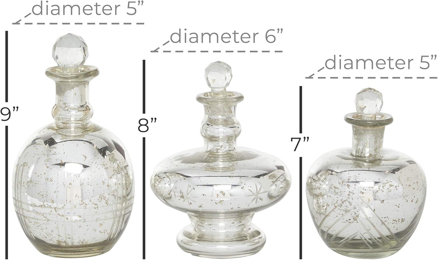 DecMode 8", 9", 7"H Silver Glass Decorative Jars with Crystal Stoppers, 3-Pieces